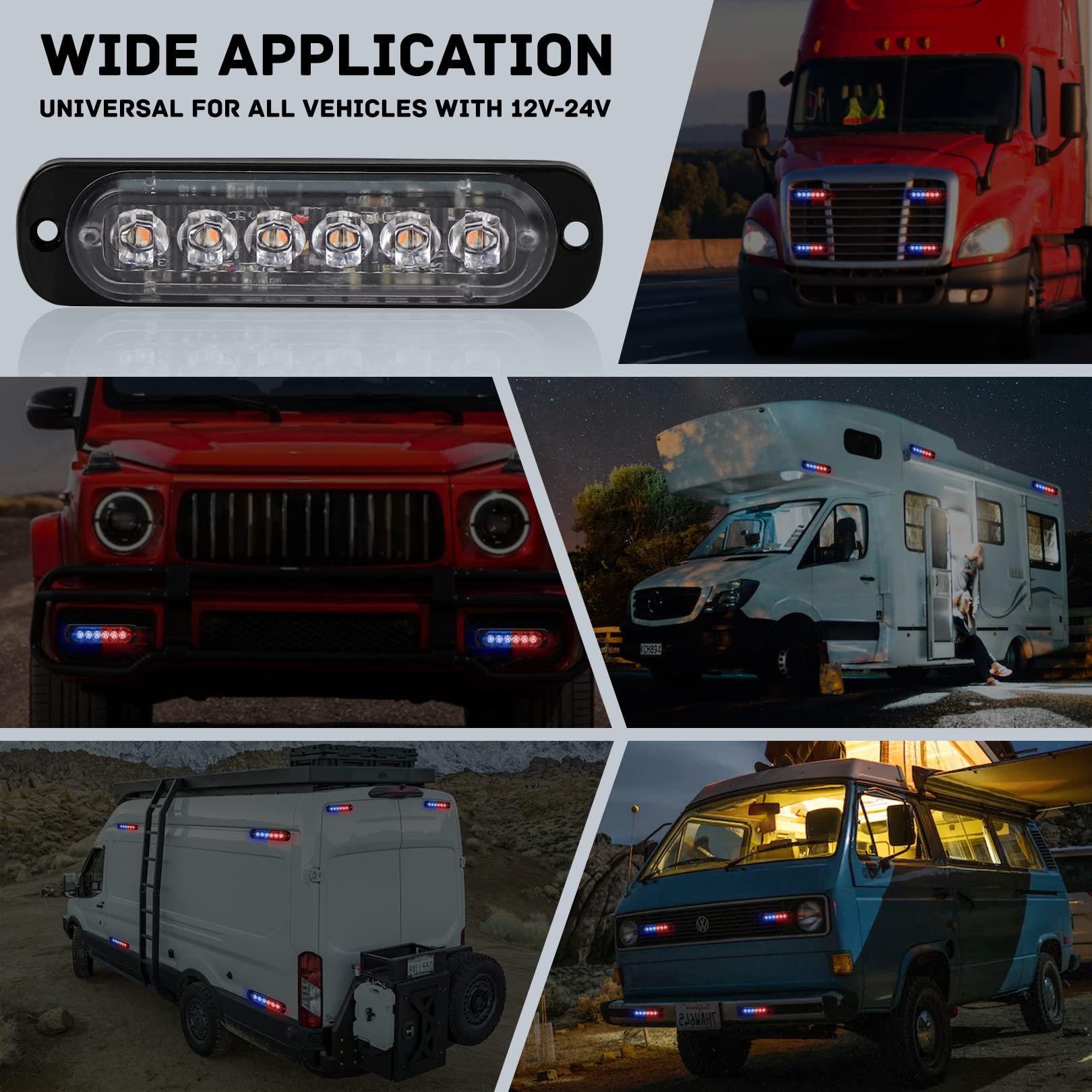 4-Pack 6 Led Strobe Lights Vehicles Trucks Emergency Strobe Lights Kit 12V -24V Warning Hazard Flash Strobe Lights Bar Grill Gri