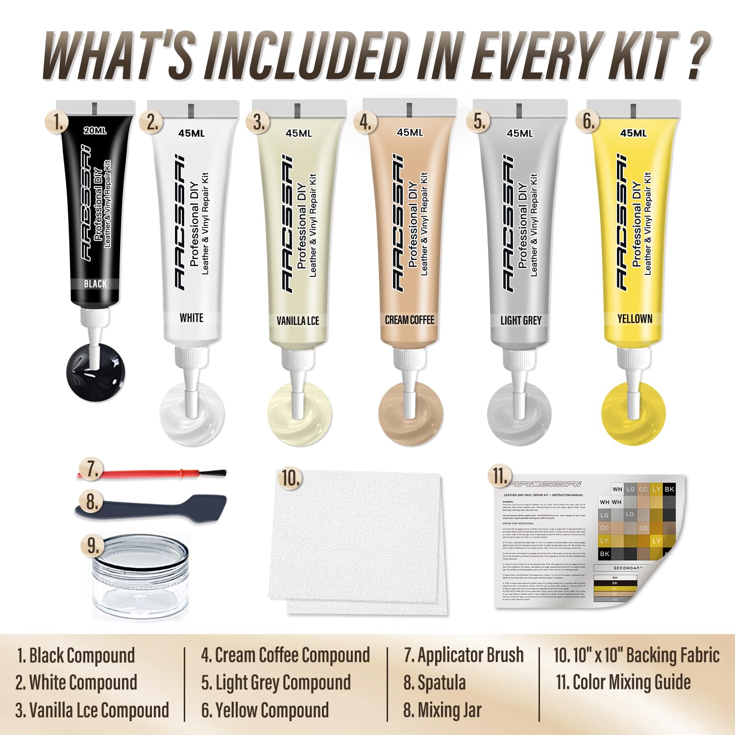 Neutral Color Leather Repair Kit For Furniture, Car Seats, Sofa, Jacket And Purse. Pu Leather Repair Paint Gel. Repair Tears & Burn Holes. Provide Color Matching Guide & Super Easy Instructions