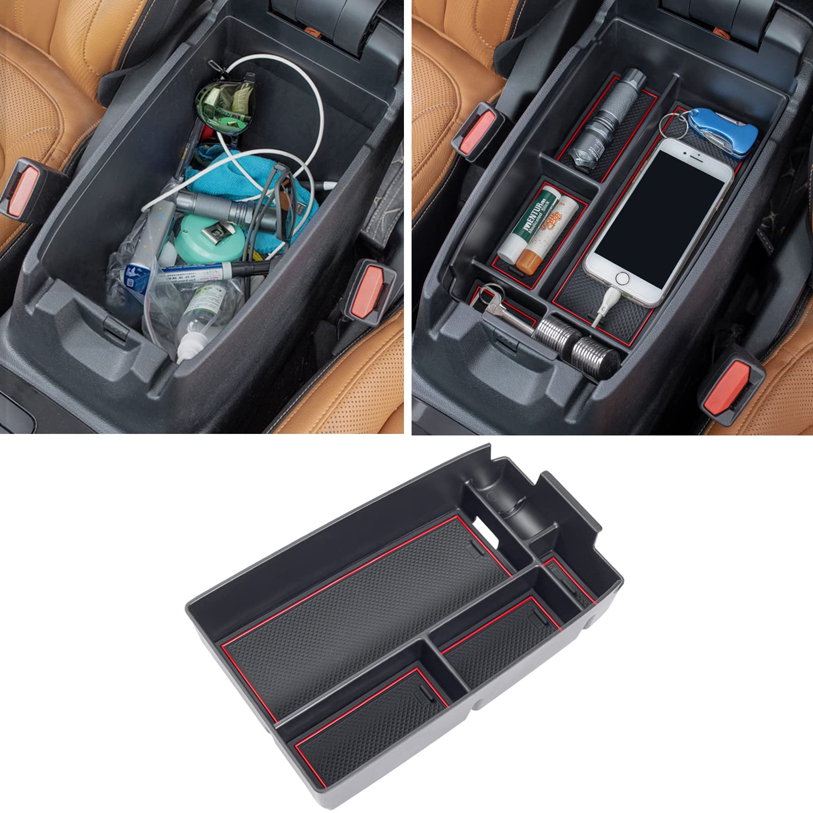 Topinstall Red Center Console Organizer Compatible With Ford Escape 2020-2024/Bronco Sport 2021-2024 Accessories, Long Compartment Armrest Box Storage Tray Coin Container