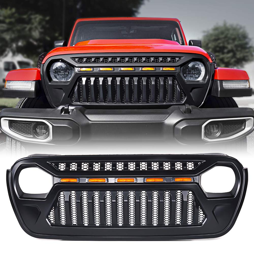 Xprite Front Grille With Amber Led Running Lights Black Gladiator Grill Compatible With 2018-2021 Jeep Wrangler Jl Jt