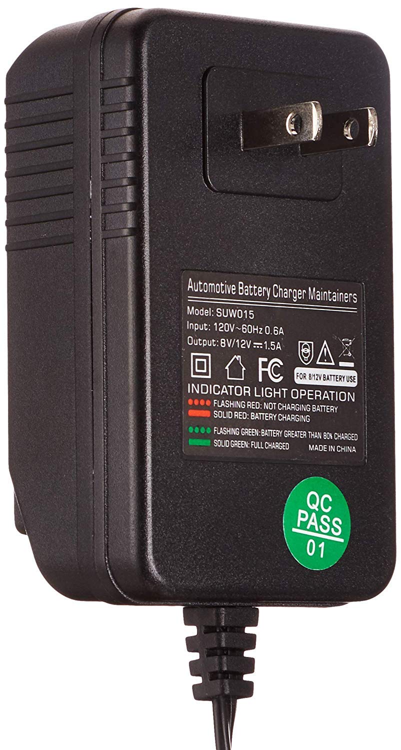 Suuwer 8V/12V 1.5A Automatic Battery Charger/Maintainer for Car, Motorcycle, Lawn Mower - SLA, AGM, Gel Cell, Wet Lead Acid Batteries,