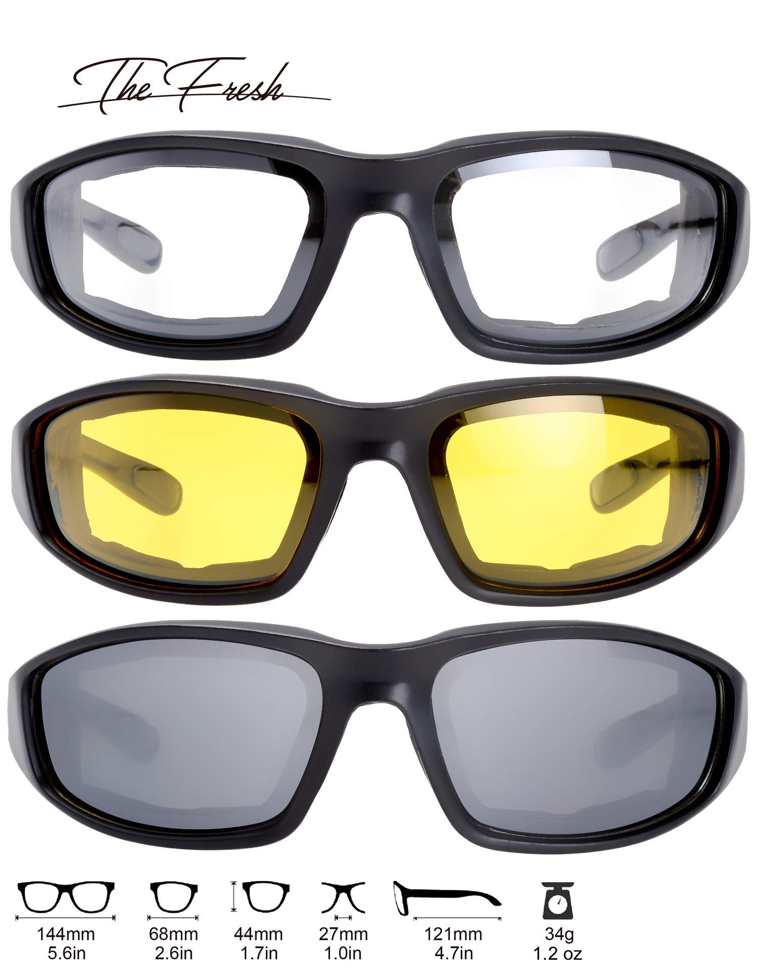 The Fresh Motorcycle Riding Glasses Padded Frame Lens Block 100% Uvb For Outdoor Activity Sport (1405-Matte Black, Clear, Yellow