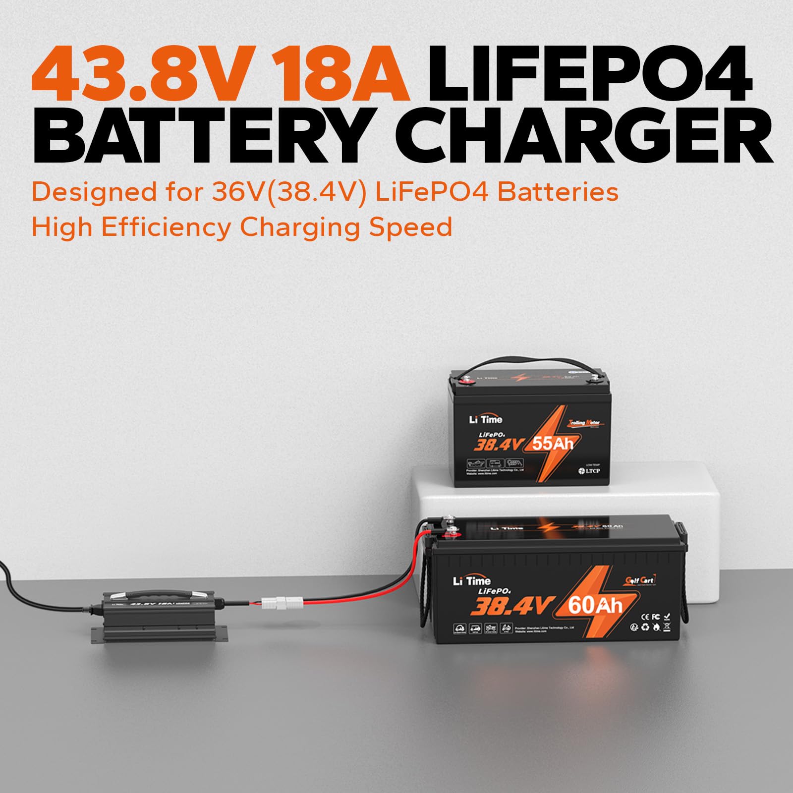 LiTime 43.8V 18A Lithium Battery Charger for 38.4V LiFePO4 Battery, AC-DC Smart Charger with 50A Anderson Connector, LED Indicat