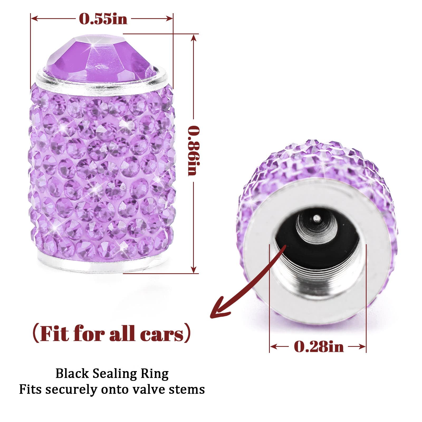 ToBeQueen Bling Purple Tire Valve Caps, 4 Pack Handmade Crystal Rhinestone Valve Stem Covers, Universal Dustproof Car Accessorie
