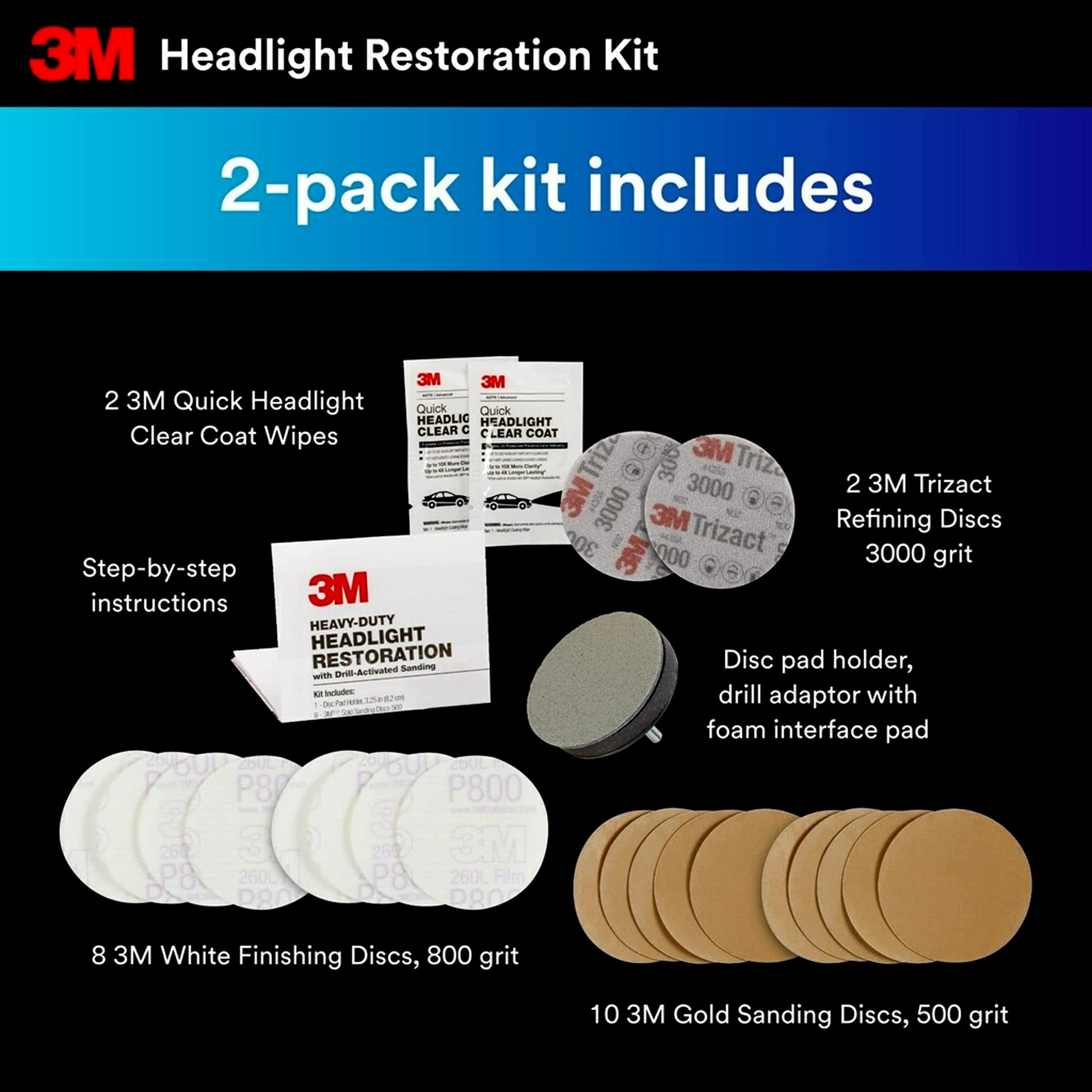 3M Headlight Restoration Kit, Heavy Duty 2-Pack, Easy Heavy Duty Car Headlight Restoration System, Headlight Cleaner And Restore