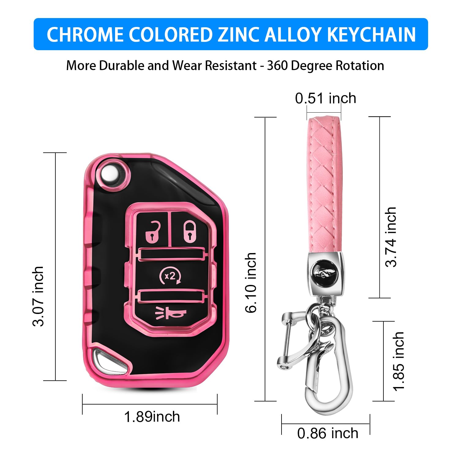 QBUC for Jeep Key Fob Cover with Keychain Compatible with Jeep Wrangler JLU JL Gladiator Rubicon JT Car Flip Key (pink)