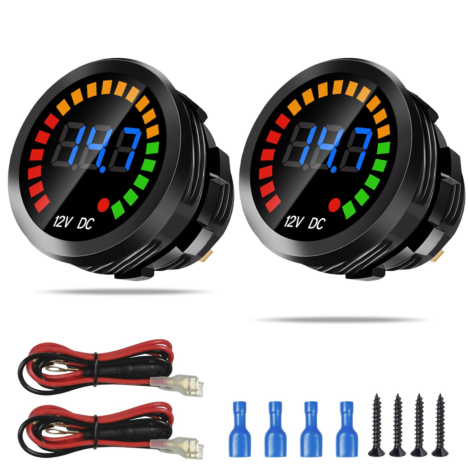 2PCS DC 12V Voltage Meter, Waterproof LED Display Voltmeter Gauge Panel, Round Battery Monitor with Wires & Terminals & Srews, f