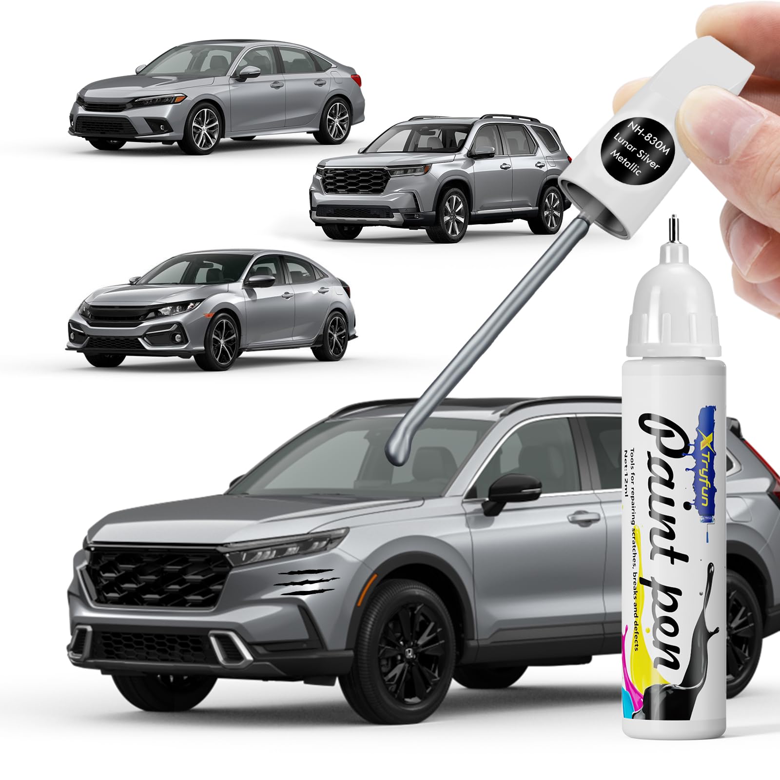 XTryfun Lunar Silver Metallic (NH-830M) Touch Up Paint Compatible with Honda, DIY Car Paint Scratch Repair, Quick & Easy Fix Aut