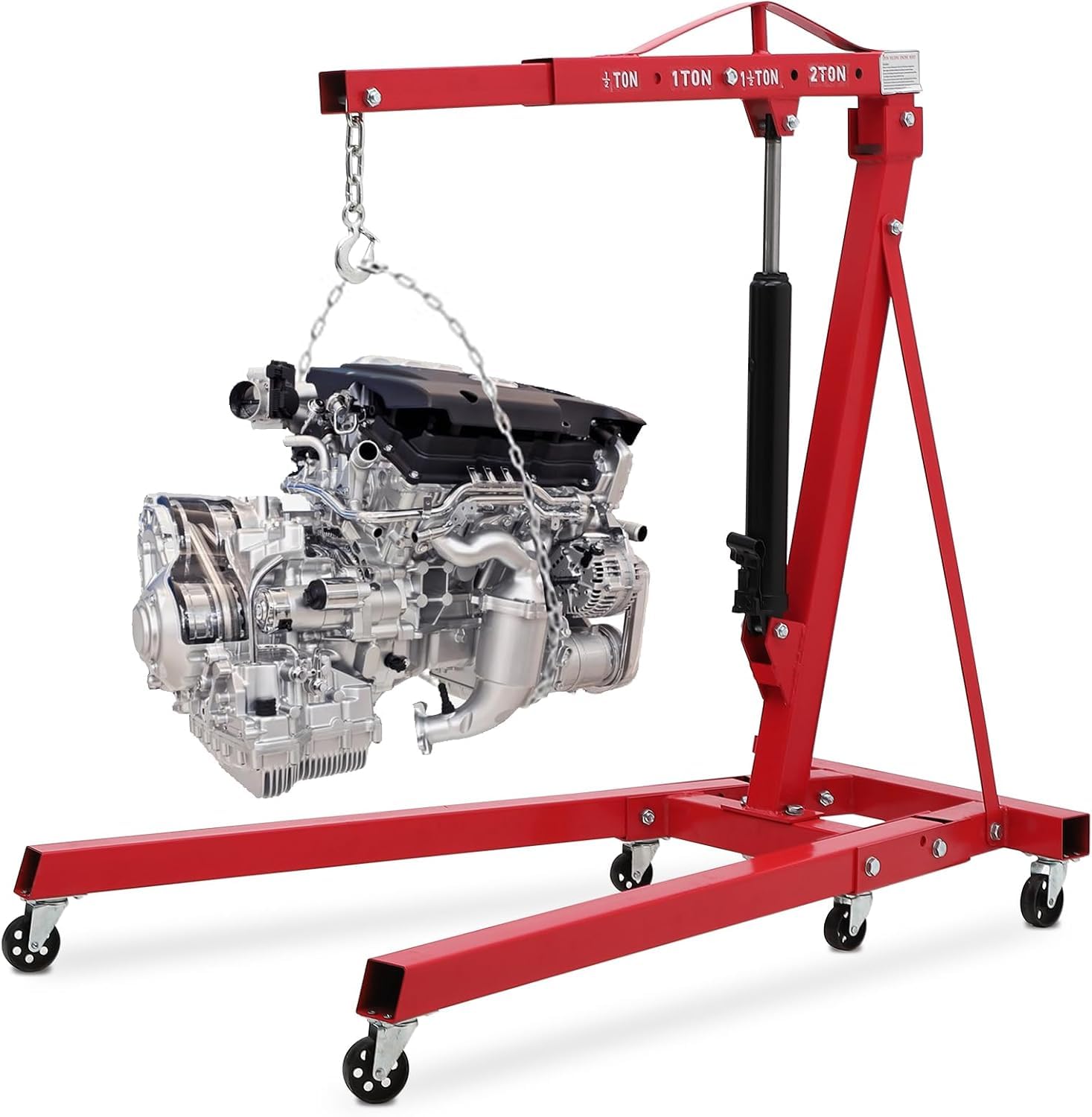 2-Ton Folding Engine Hoist Cherry Picker 4400 Lb Capacity Hydraulic Shop Crane with Telescoping Boom 6 Caster Wheels for Automot