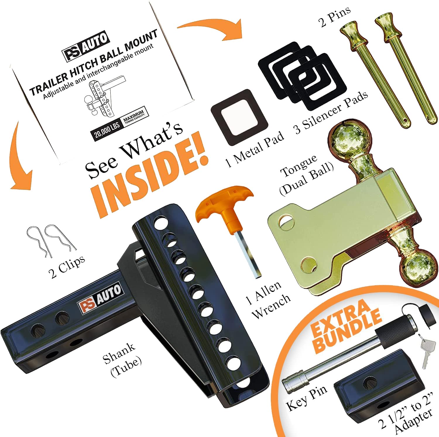 Psauto Adjustable Ball Mount Trailer Hitch 2-Inch Receiver, 6-Inch Drop, 20,000 Lbs, 2 And 2-5/16 Inch Balls - Gooseneck