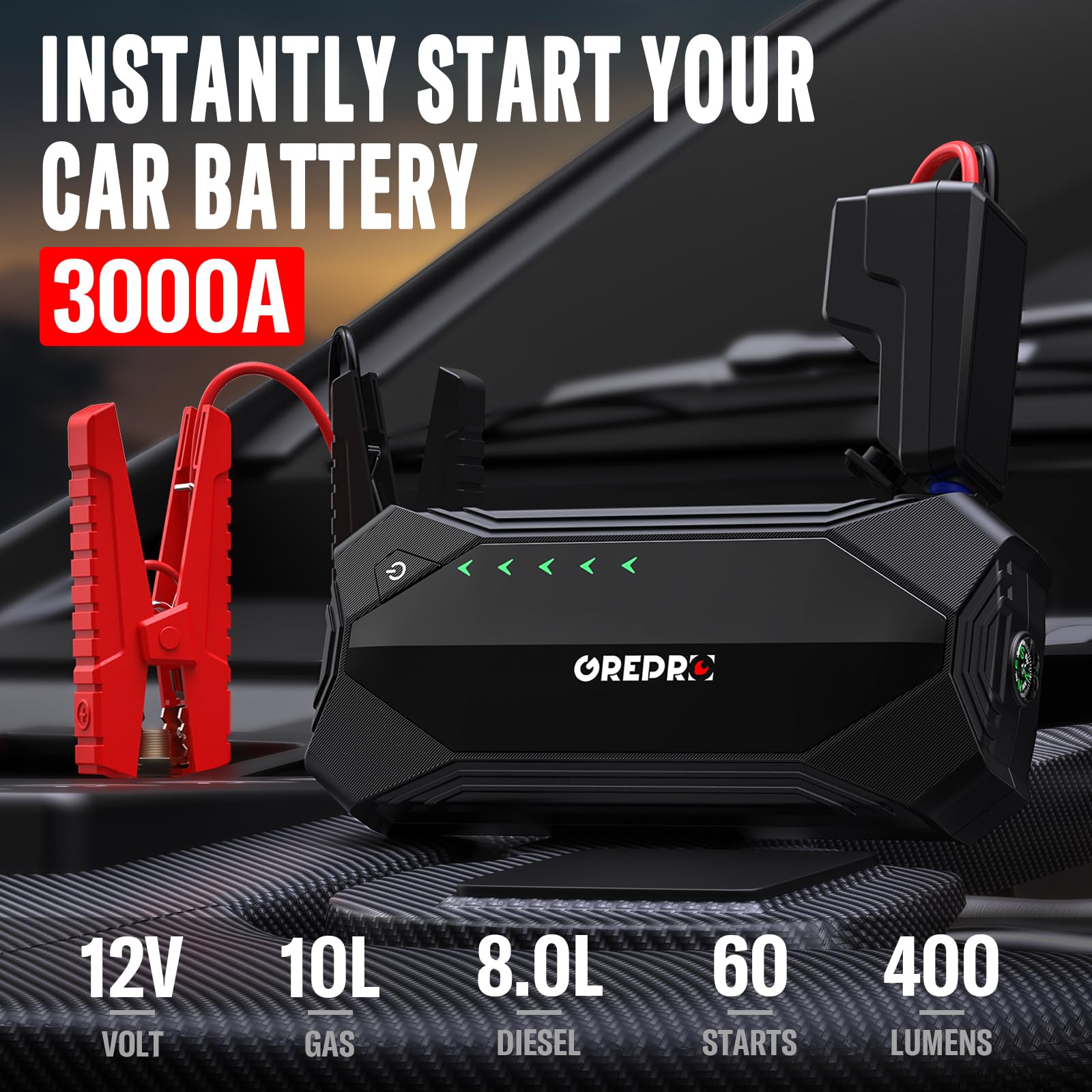 Grepro Jump Starter (10L Gas & 8.0L Diesel Engines), 3000A Car Battery Jump Starter Battery Pack,12V Booster, Jump Box With Jump