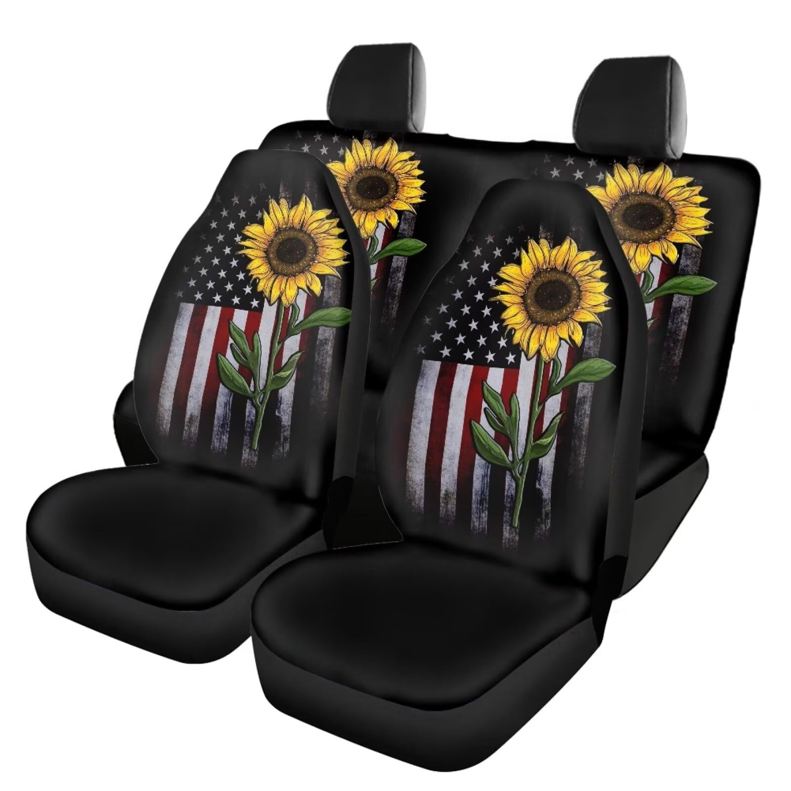 Howilath Sunflower American Flag July of 4th Patriotic Print 4 Pieces Car Seat Covers Full Set Interior Car Accessories Decor