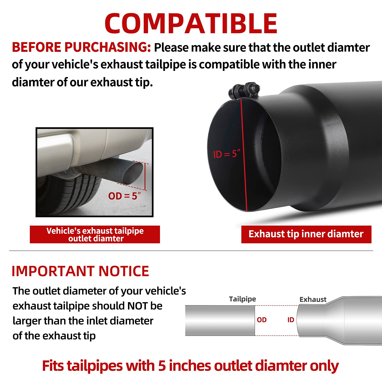 Autosaver88 5 Inch Inlet Exhaust Tip, 5'' Inlet 6'' Outlet 15'' Long Stainless Steel Exhaust Tail Pipe Tip, 5'' To 6'' Universal