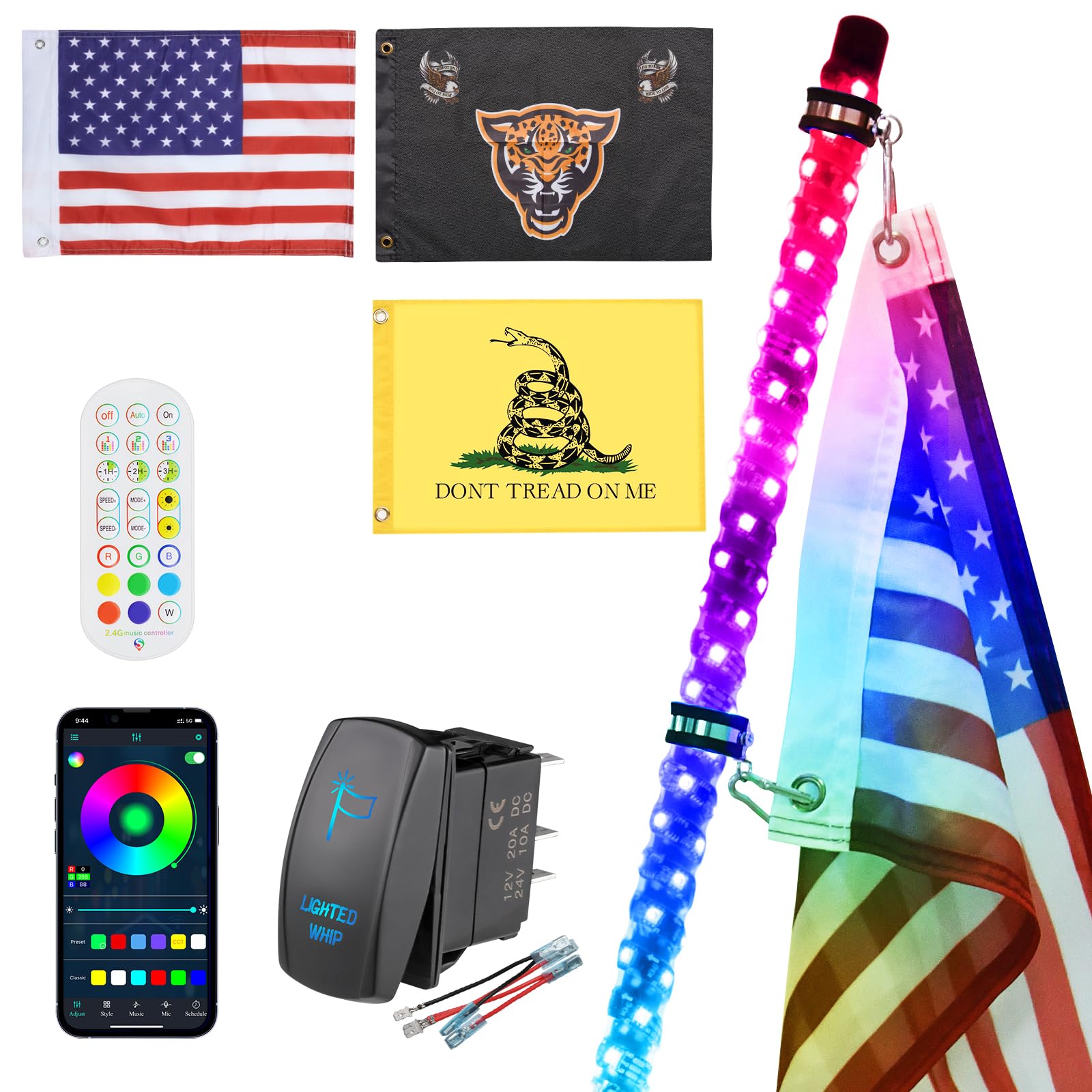 Ehaho 1 Pack 2FT Whip Lights,LED Whip Light with App & Remote Control, Spiral RGB Chasing Lighted Whips with Rocker Switch, Musi