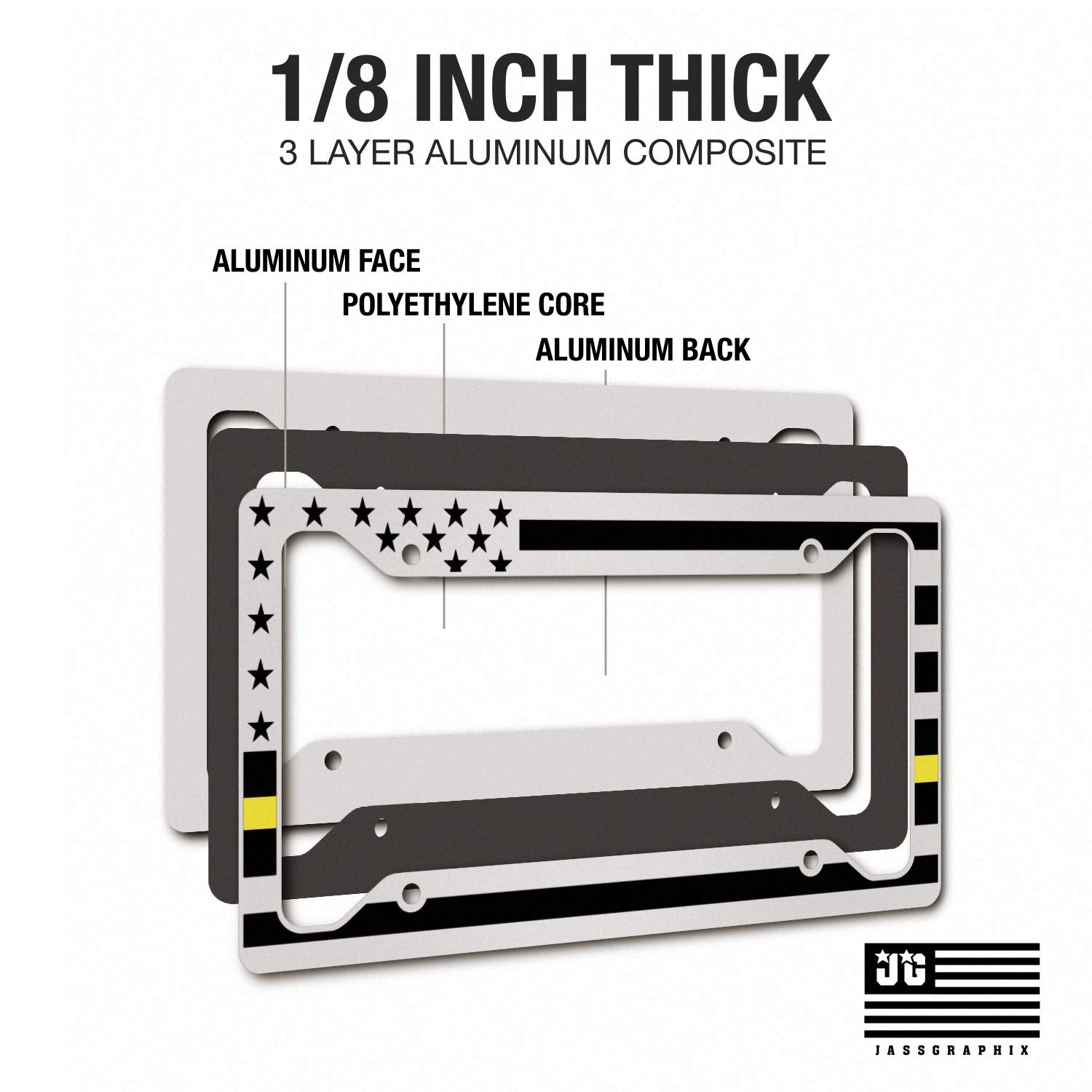 JASS GRAPHIX American Flag License Plate Frame - Yellow Aluminum, White Frame for Security & Tow Truck Drivers
