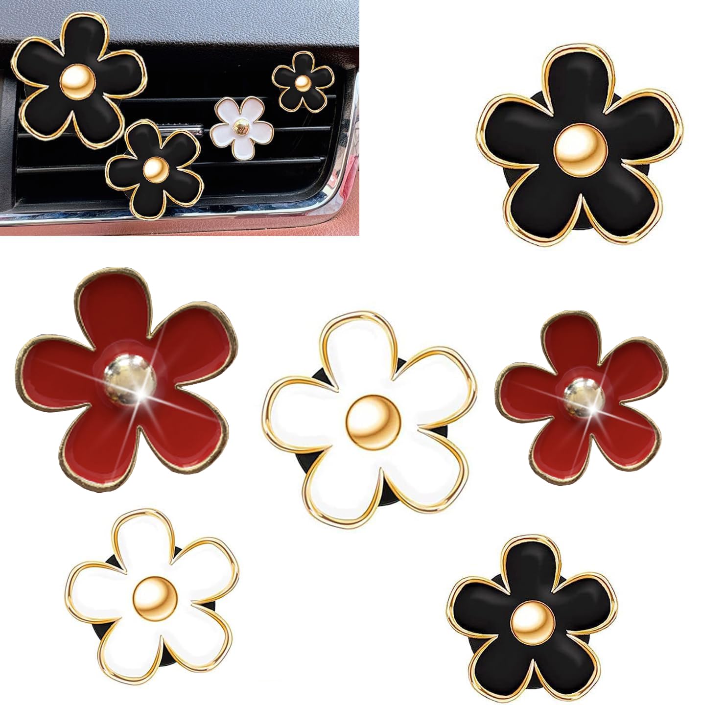 6 Pack Colorful Daisy Flower Car Air Vent Clips Car Air Outlet Freshener Clip For Car Interior Decoration Accessories (Black, Wh
