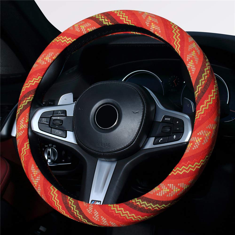 Istn Ethnic Style Coarse Flax Cloth Automotive Steering Wheel Cover Anti Slip And Sweat Absorption Auto Car Wrap Cover (J, 14.5'