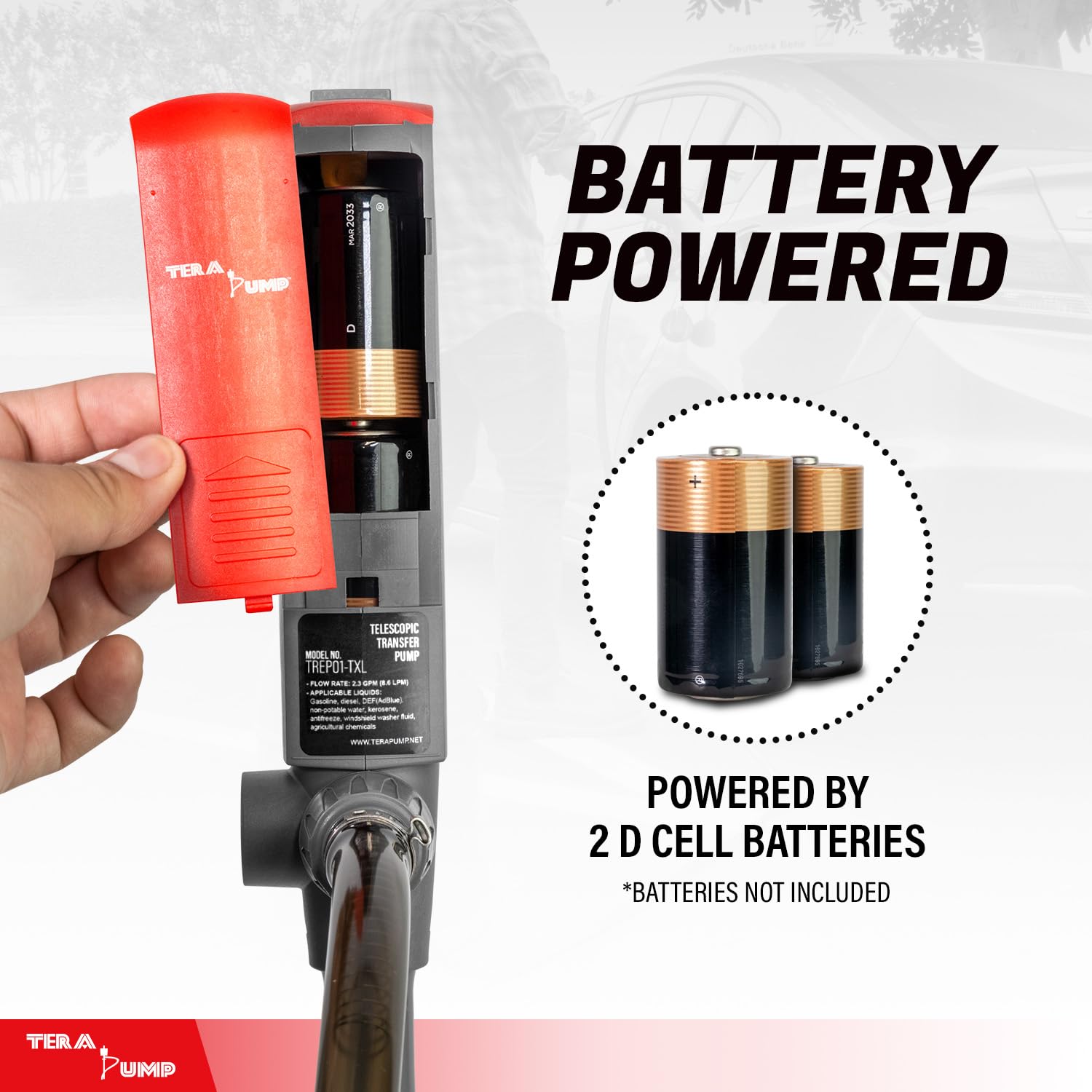 Tera Pump Portable Battery Powered Gas Transfer Pump (2.3 Gal/Min) Liquid Transfer Pump With 10Ft Durable Vinyl Discharge Hose,