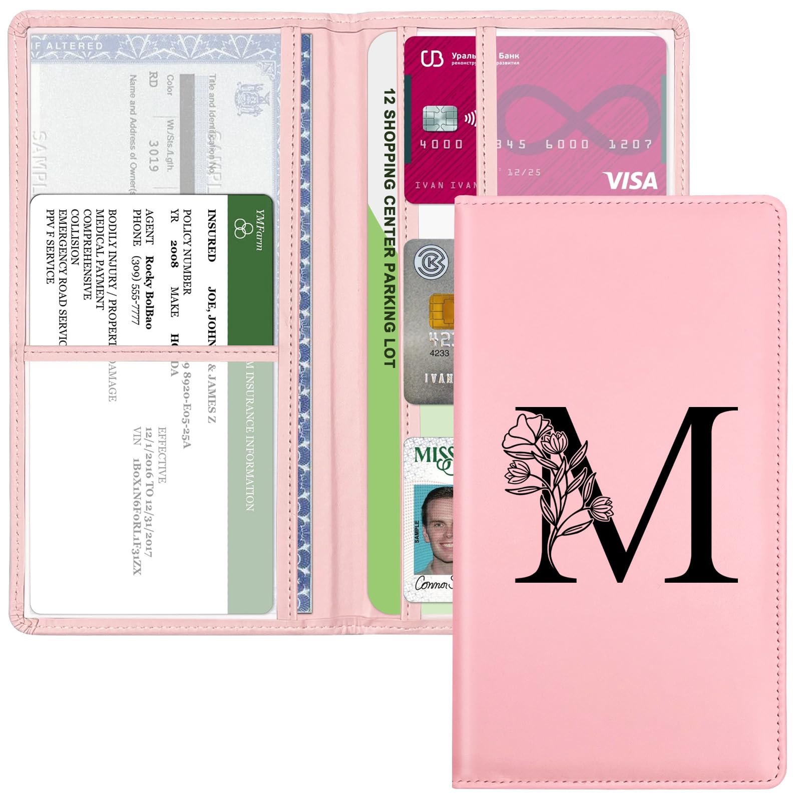 Yeecase Car Registration And Insurance Holder, Car Document Holder With Closure, Pink With Letters Wallet Case Auto Vehicle Car