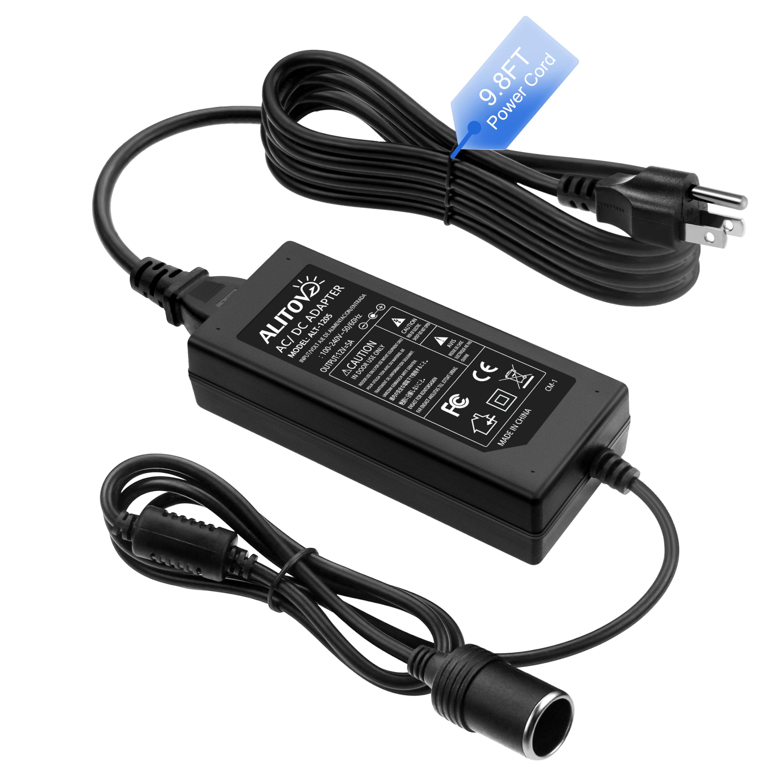 Alitove 110V To 12V Converter - 12V 5A 13.5Ft Car Cigarette Lighter Adapter To Wall Plug Ac To Dc Converter 12 Volt Power Supply