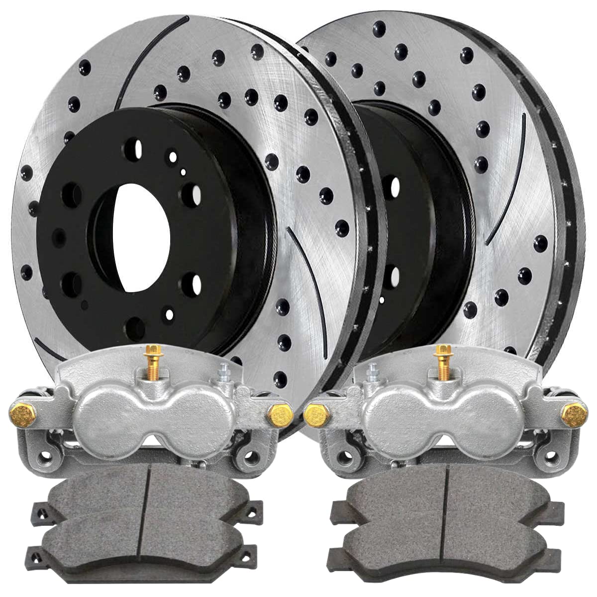 Autoshack Front Drilled And Slotted Brake Rotors Black Calipers And Ceramic Pads Kit Set Driver And Passenger Side Replacement For Chevrolet Silverado 1500 Tahoe Cadillac Escalade Ext 4Wd Brkpkg005294