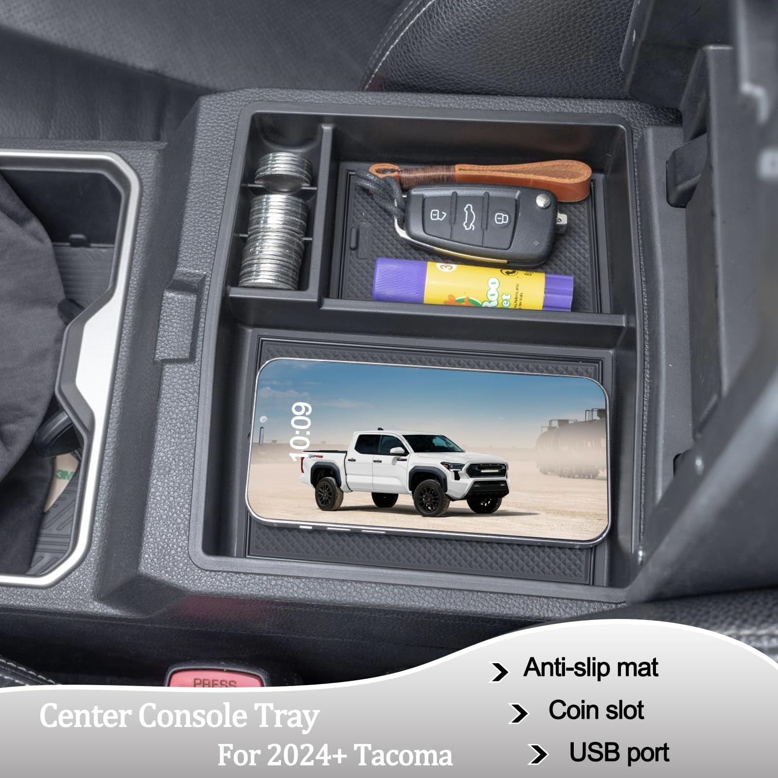 JDMCAR Center Console Organizer Compatible with 2024 2025 Toyota Tacoma, Armrest Insert ABS Plastic Coin Holder Secondary Storag