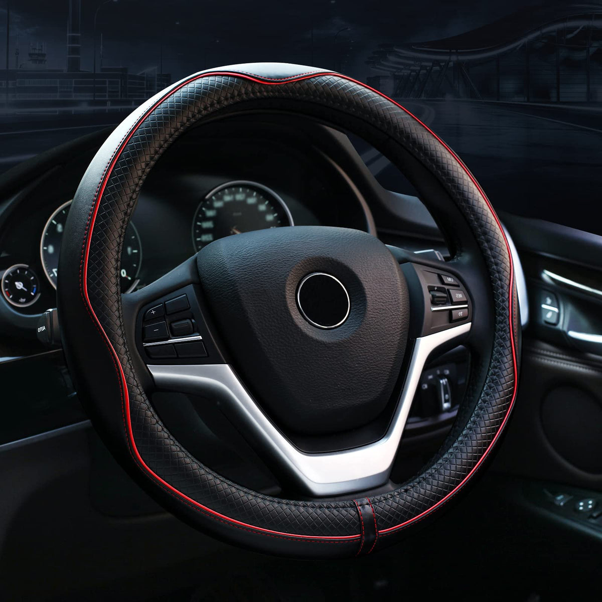 Valleycomfy Steering Wheel Covers Universal 15 Inch - Genuine Leather, Breathable, Anti Slip & Odor Free (Black With Red Lines,