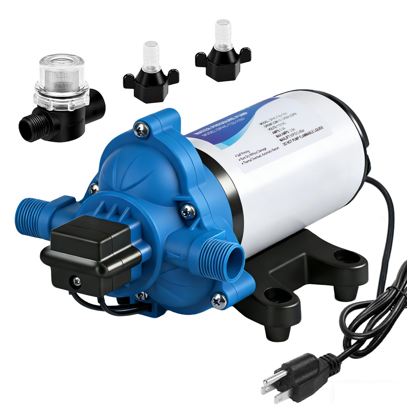 DC HOUSE 110V RV Camper Water Pressure Diaphragm Pump, 4GPM 50PSI 33-Series, On Demand Fresh Water Pump with Pressure Switch for