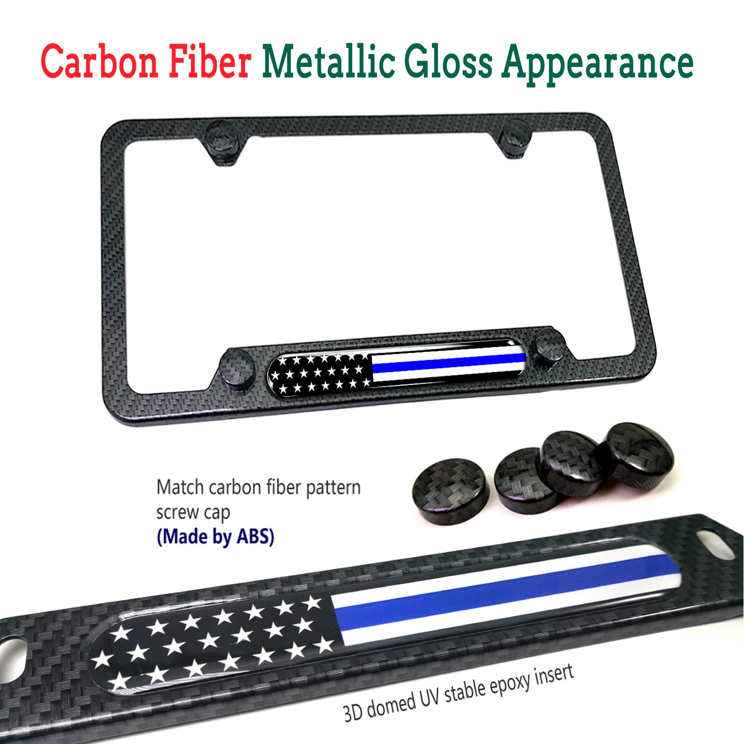 Fbjtdq Police Thin Blue Line License Plate Frame- Patriotic Carbon Fiber Car Tag Holder, American Flag Black Aluminum Bracket Wi