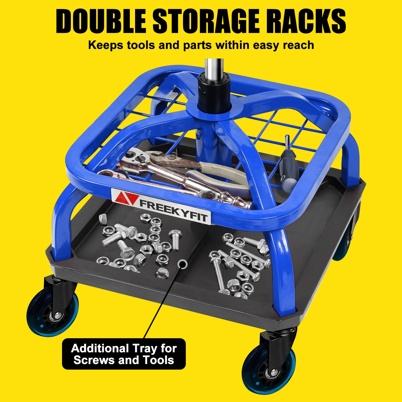 FreekyFit Rolling Stool with Blue Wheels,Heavy Duty Garage Work Mechanic Rolling Shop Stool with Backrest, Adjustable Height 360