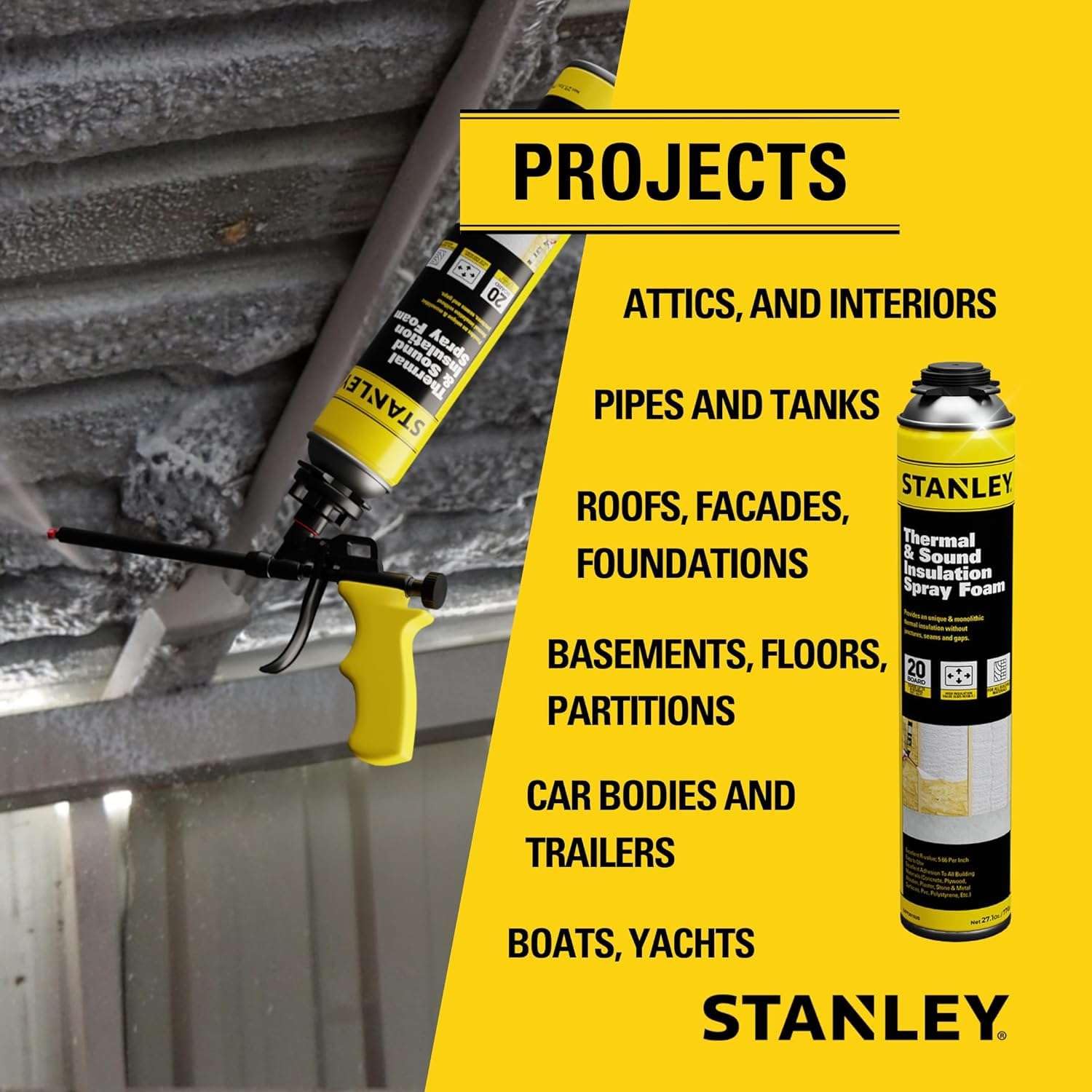 STANLEY F 990P Supercoat Spray Foam Insulation, Closed Cell, 27.1 oz, 2 Pack, Polyurethane Foam, Covers Up to 40 Sq.Ft.