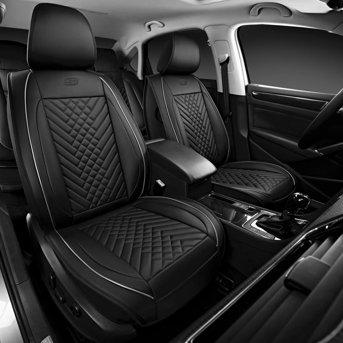 Skechers MAX Cushioning Car Seat Covers,Memory Foam Piping Leather Seat Covers,Waterproof Car Seat Protector Front Seats,Car Sea