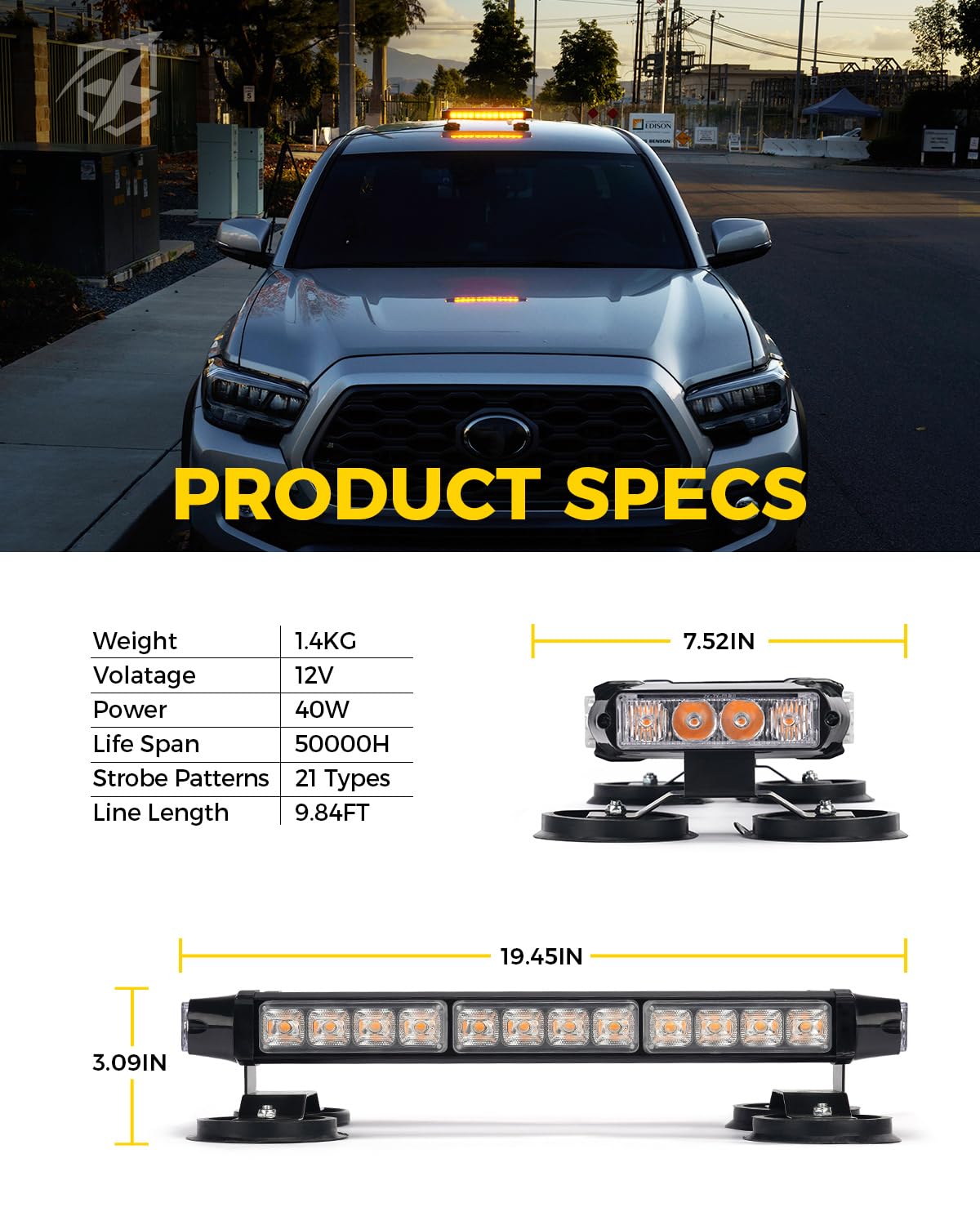 Xprite Amber LED Rooftop Emergency Strobe Light Bar, Double Side Flashing Traffic Advisor Lightbar Magnetic Safety Warning Light w/21 Flash Modes for Construction Vehicles Snowplow Trucks Postal Cars