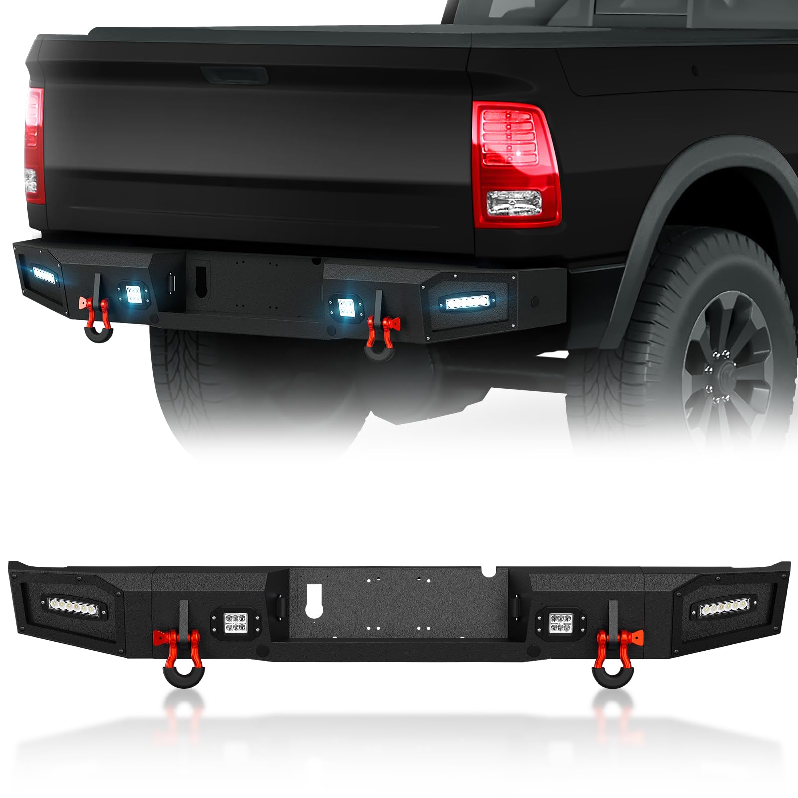 YZONA Rear Step Bumper Compatible with 2010-2018 Dodge Ram 2500 3500 Pickup Truck Bumper Consists of 4 x 18W LED Lights, Paintab