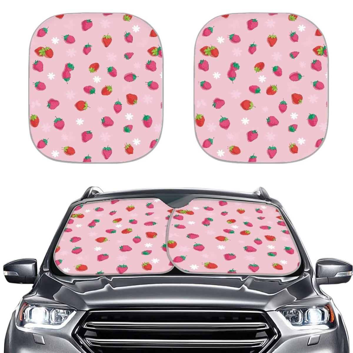 Huisefor Strawberry Print Windshield Sun Shade Bling Car Front Window Sunshades 2-Piece Foldable Sun Blocker Visor Protector Ref