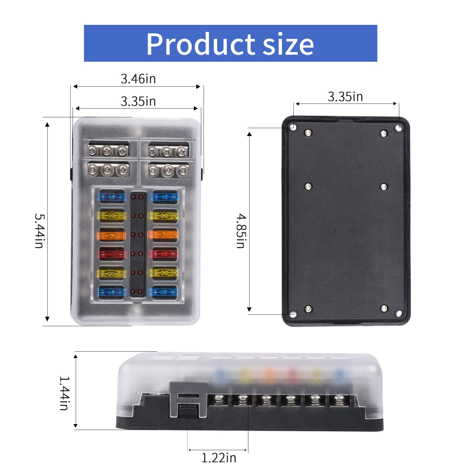 12 Way 12V Fuse Box Blade, 12Volt Fuse Block With Led Indicator Waterproof Cover - 12-Way Individual Positive Fuse Holder With Ground Bus Holder For 12V/24V Autotruck Boat Marine Rv Van Vehicle