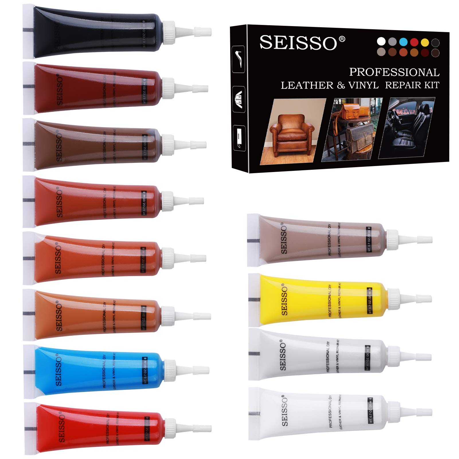 12 Colors Leather Vinyl Repair Kit for Furniture, Vinyl Upholstery Repair for Car Seat Couch Dashboard, Scratch Crack Remove Lea
