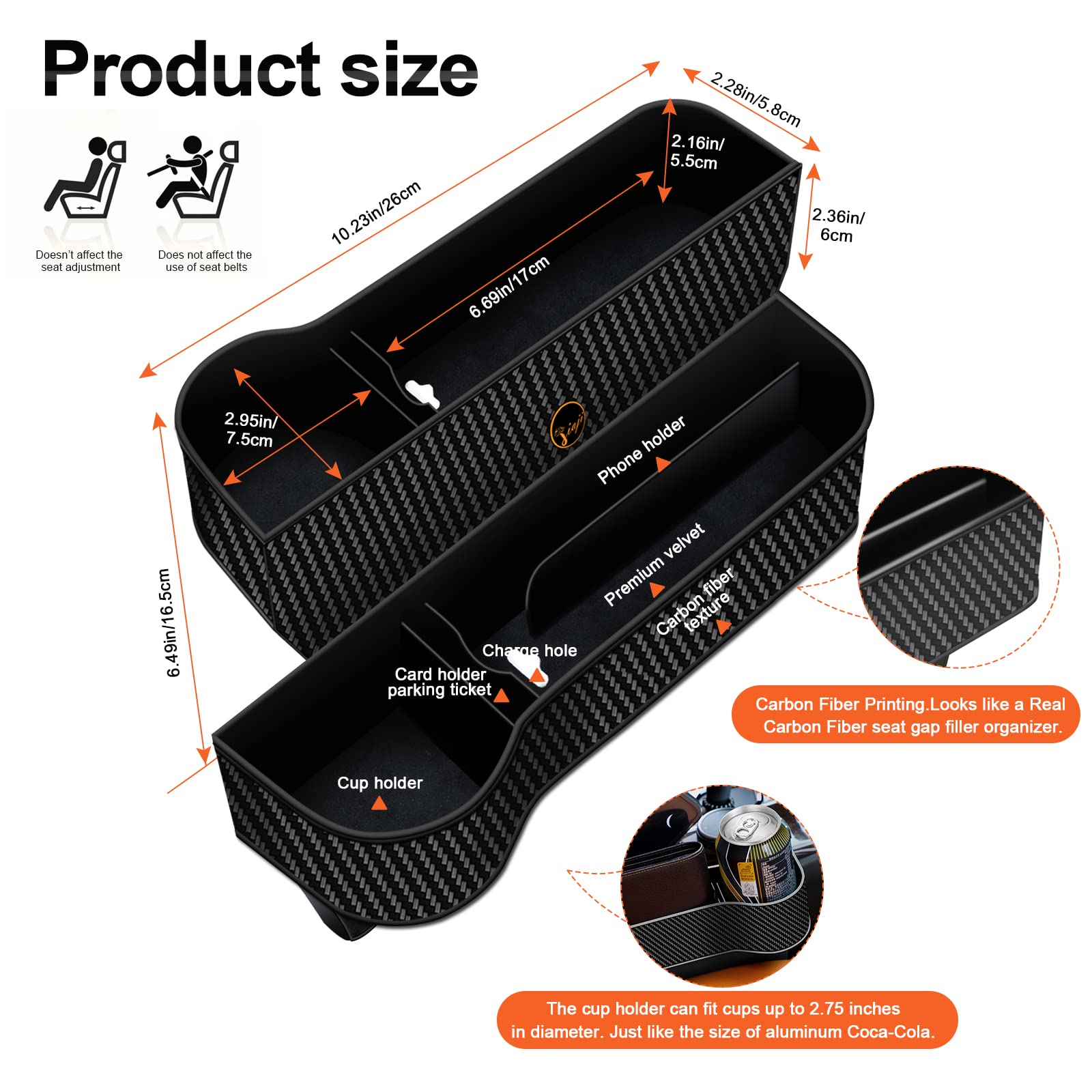 Car Seat Gap Filler Organizer, 2 Pack Multifunctional Auto Console Side Storage Box With Cup Holders 2 Seat Hooks For Drink, Car