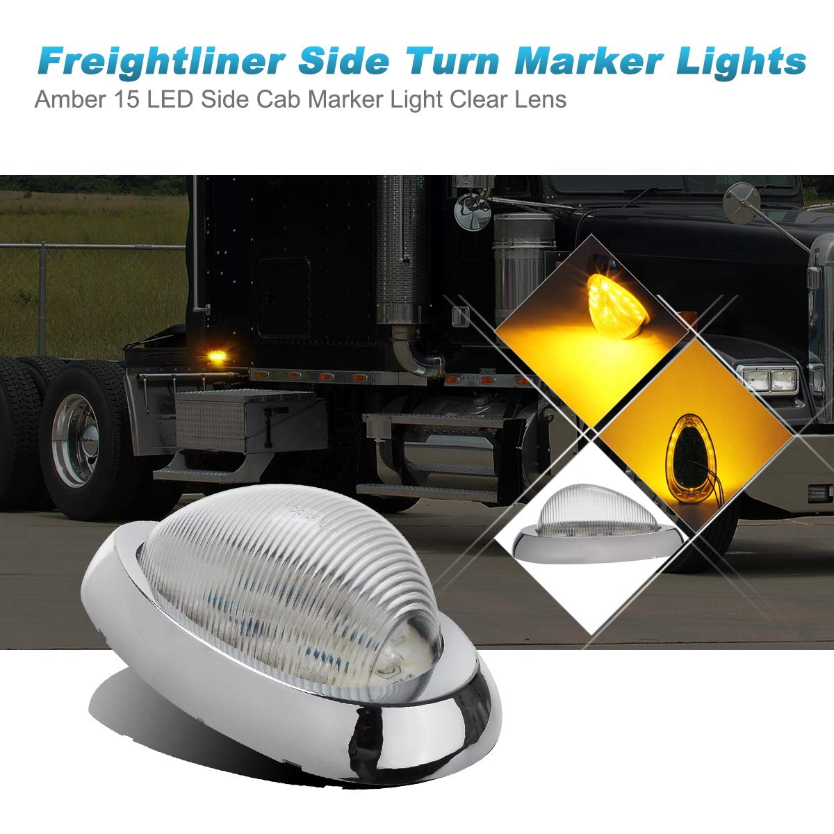 Partsam 2X Clear Lens 5-7/8 Amber 15Led Side Marker Lamp Turn Signal Teardrop Light W Chrome Bezel Replacement For Trucks Freightliner Columbia Coronado Classic Century