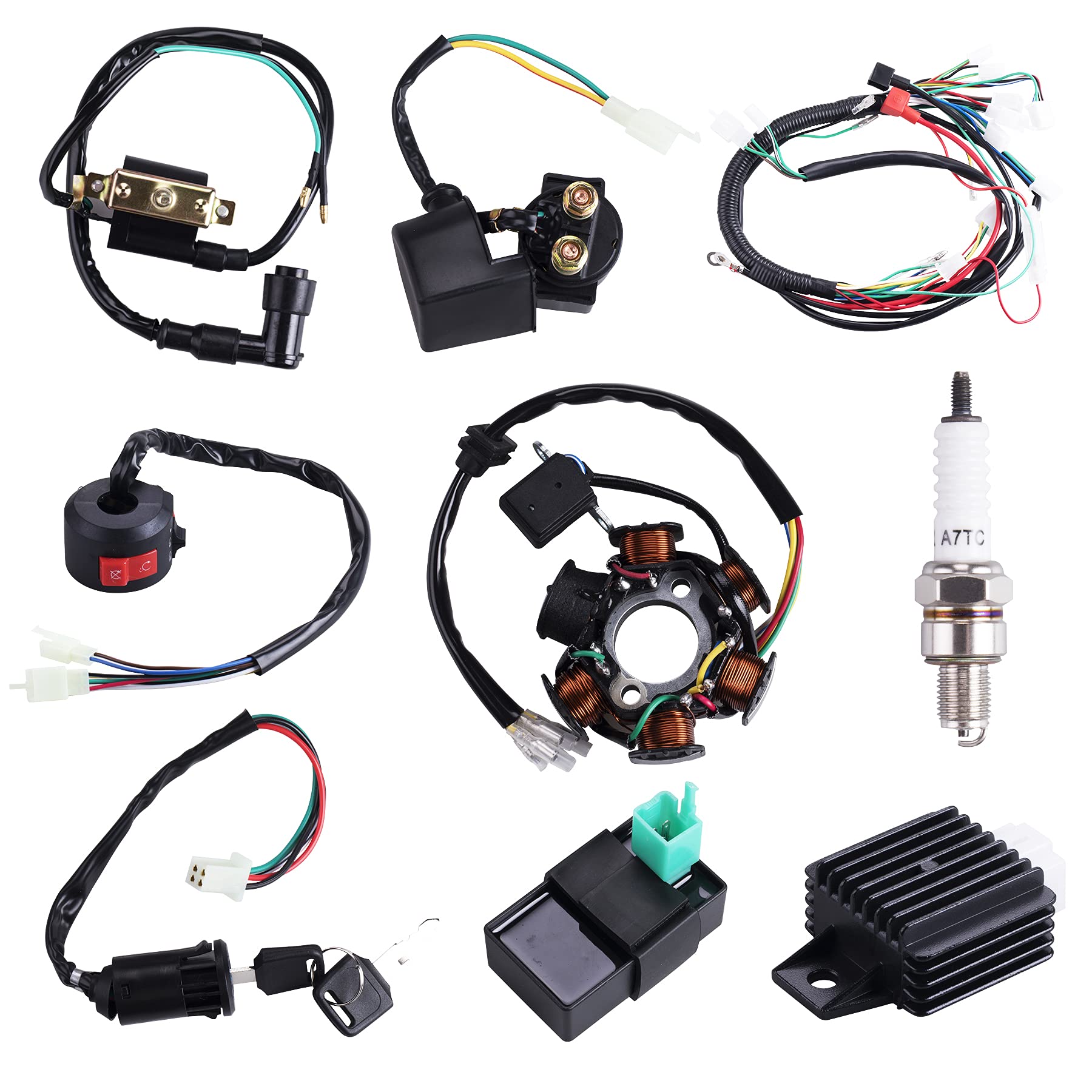 Complete Electrics Wiring Harness Coil Stator Solenoid Relay CDI Spark Plug for 4 Wheelers Stroke ATV 50cc 70cc 90cc 110cc 125cc
