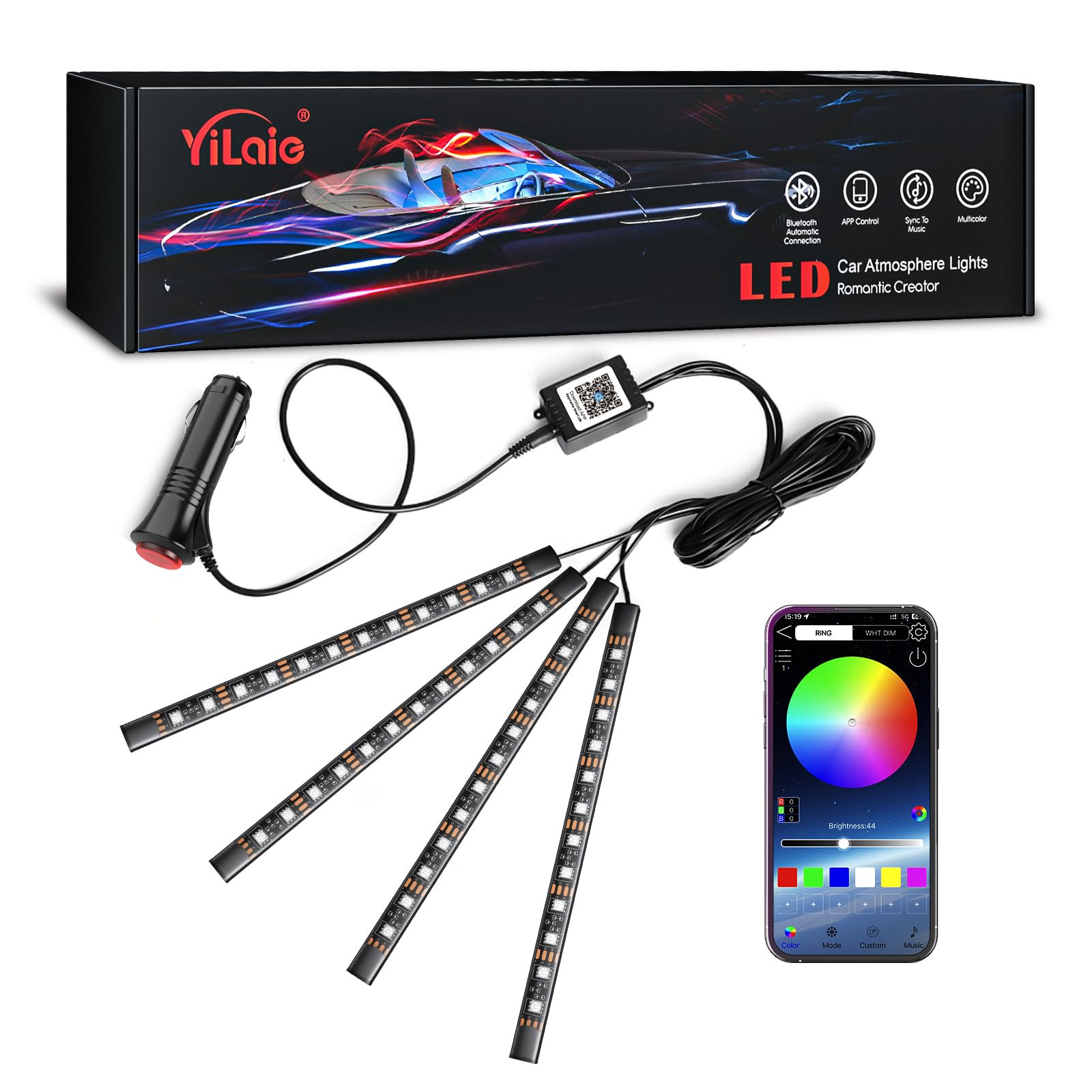 Yilaie Car Lights Interior, Rgb Car Strip Light Under Dash Lighting Kit With App Control And Music Sync, Multicolor Neon Interio