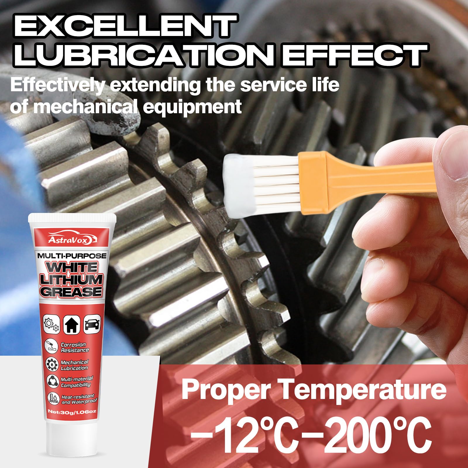 AstraVox White Lithium Grease, Multi-Purpose Lubricant Lithium Grease with Brush for Hinges, Bearings, Gears, and Garage Doors,