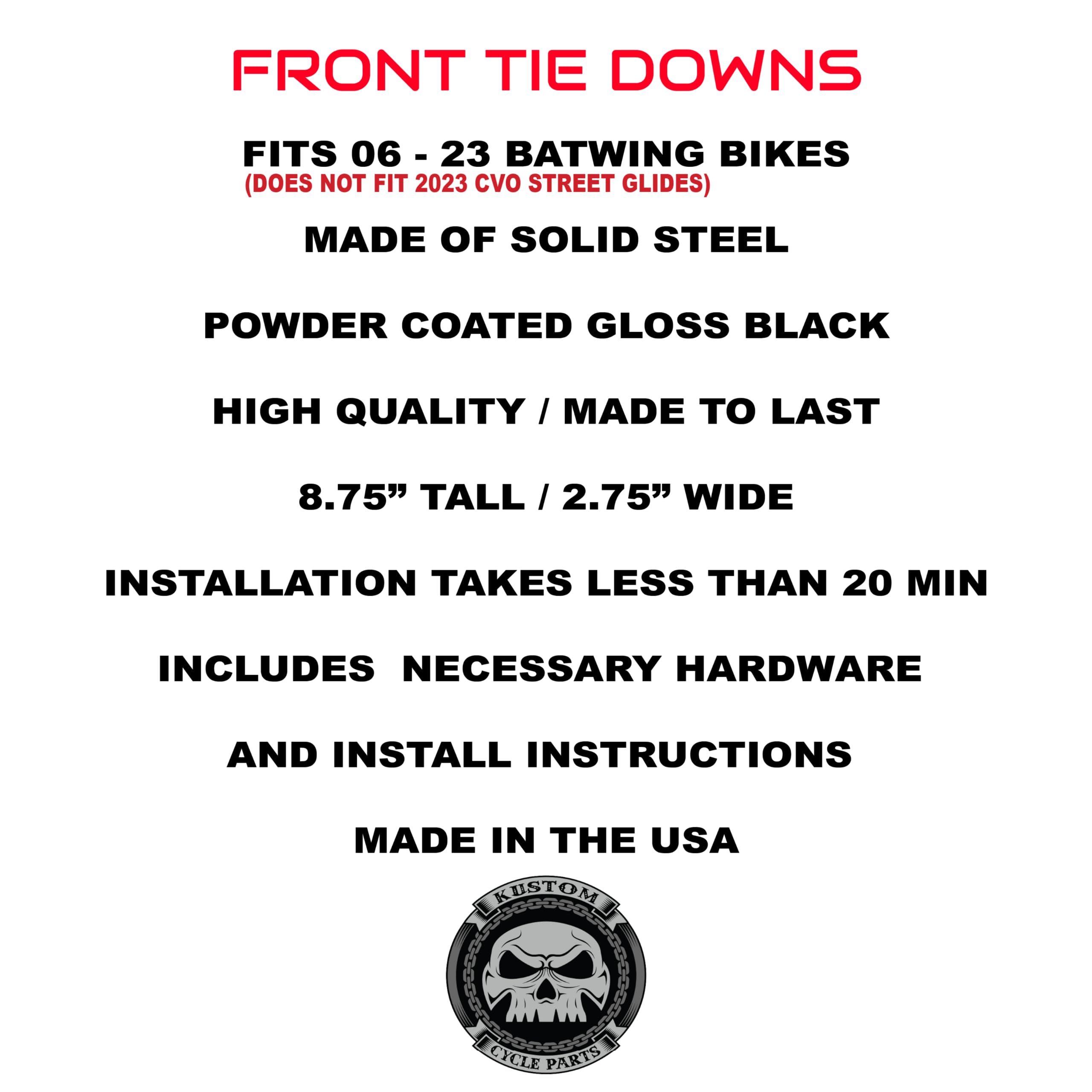 Kustom Cycle Parts Aftermarket Touring Front Tie Down Bracket Compatible With Harley Davidson 2006 - 2023 Street Glide And Electra Glides. All Parts Included. Made In Usa