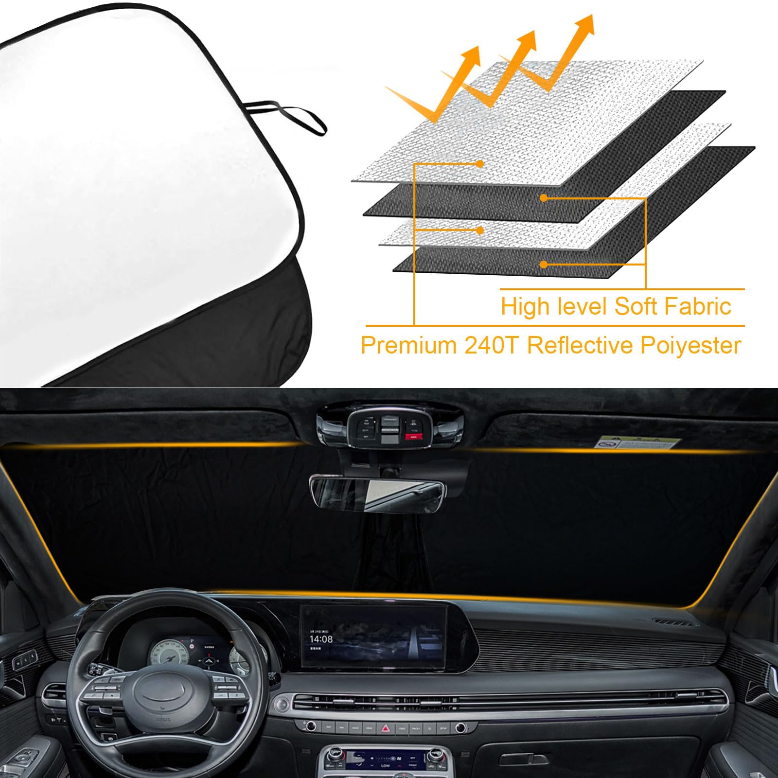 Sun Shade for Car Windshield Fit Hyundai Palisade 2020-2025 Window Shades 240T Polyester Windshield Sunshade Foldable Blocks UV