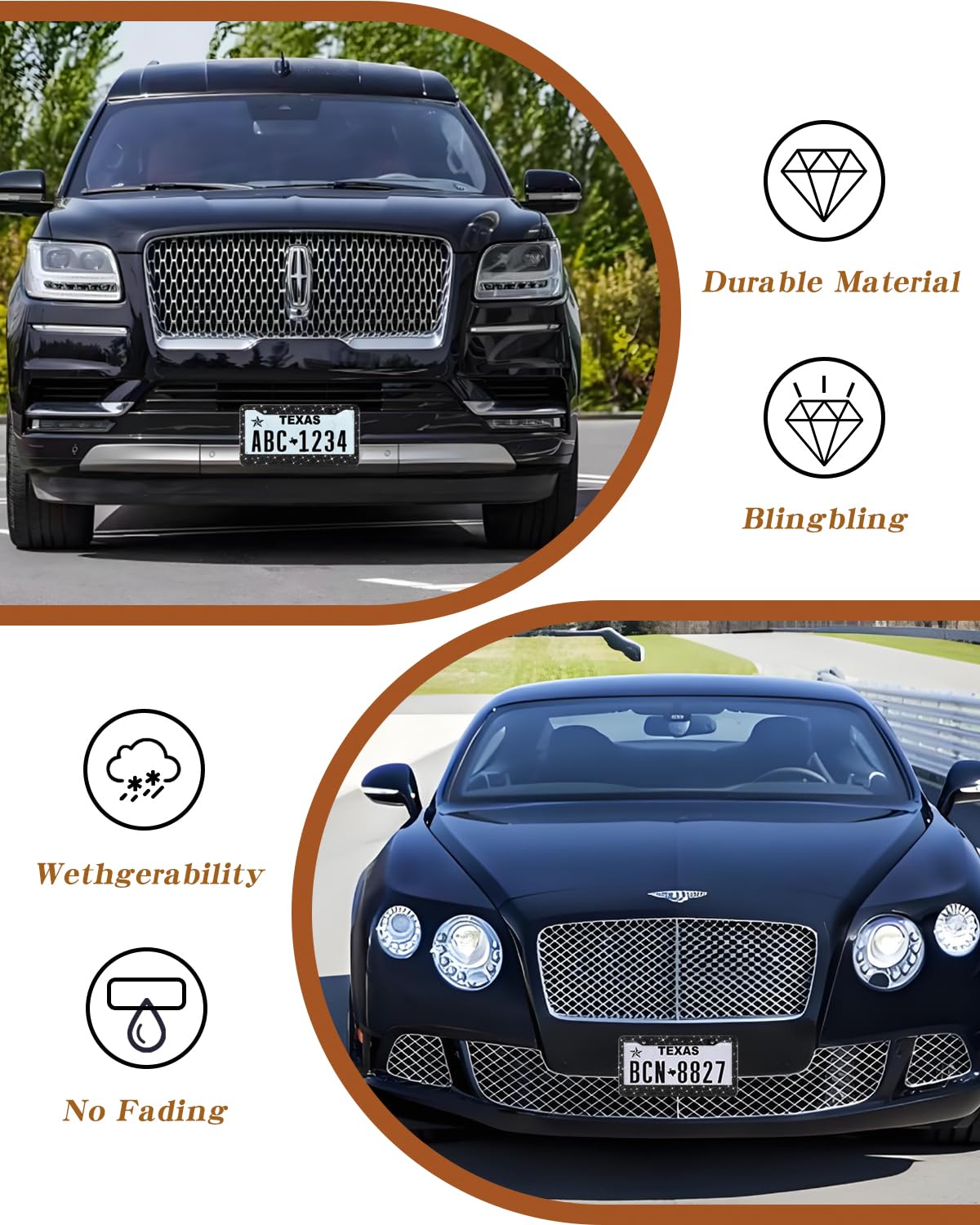 Ewbn Bling License Plate Frame For Women, 2 Pack Premium Stainless Steel Diamond License Plate Holder,Sparkly Car Accessories Rh