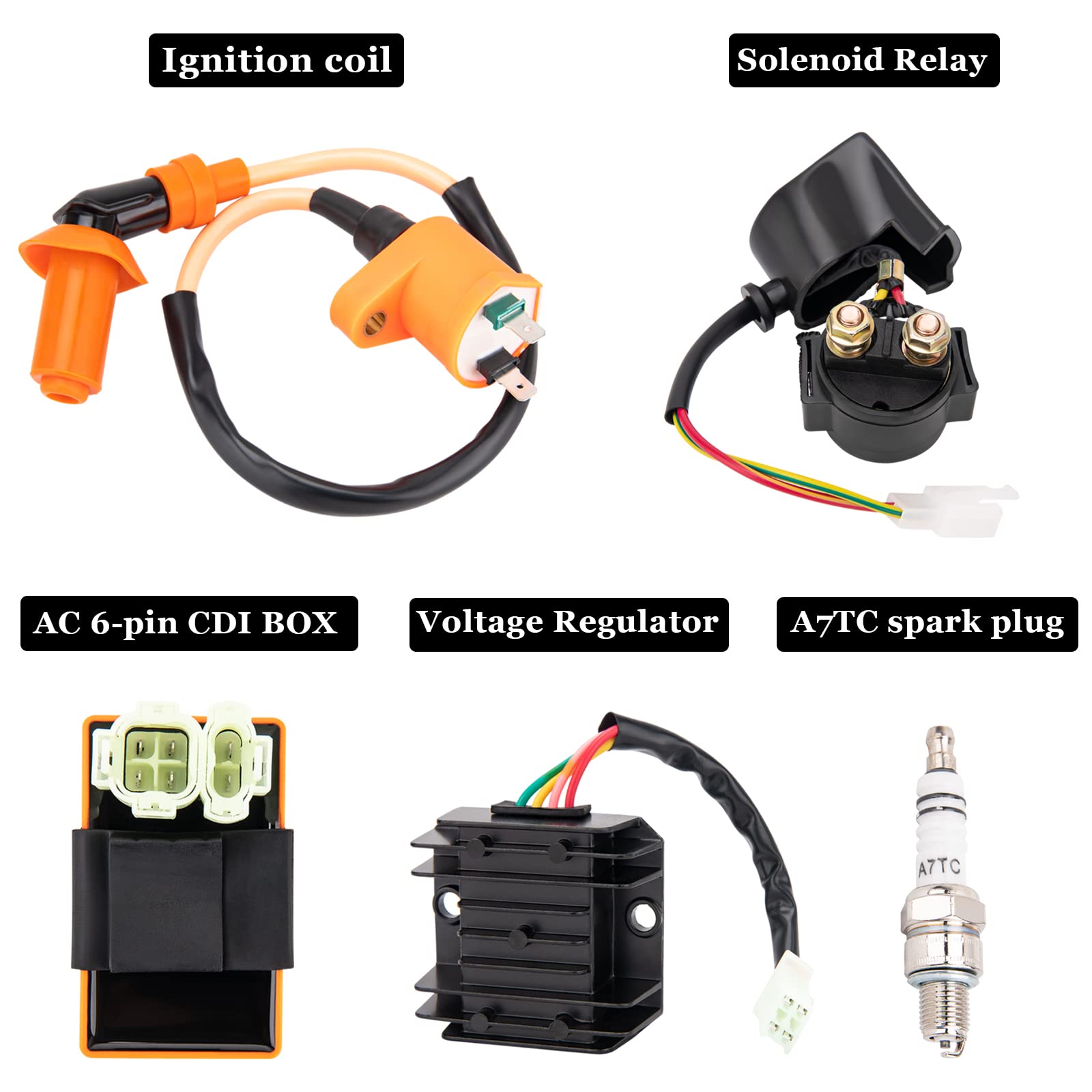 GDDGHS GY6 Ignition Coil Kit - 150cc/125cc/50cc ATV, 6 Pin AC CDI, Voltage Regulator, Rectifier, A7TC Spark Plug