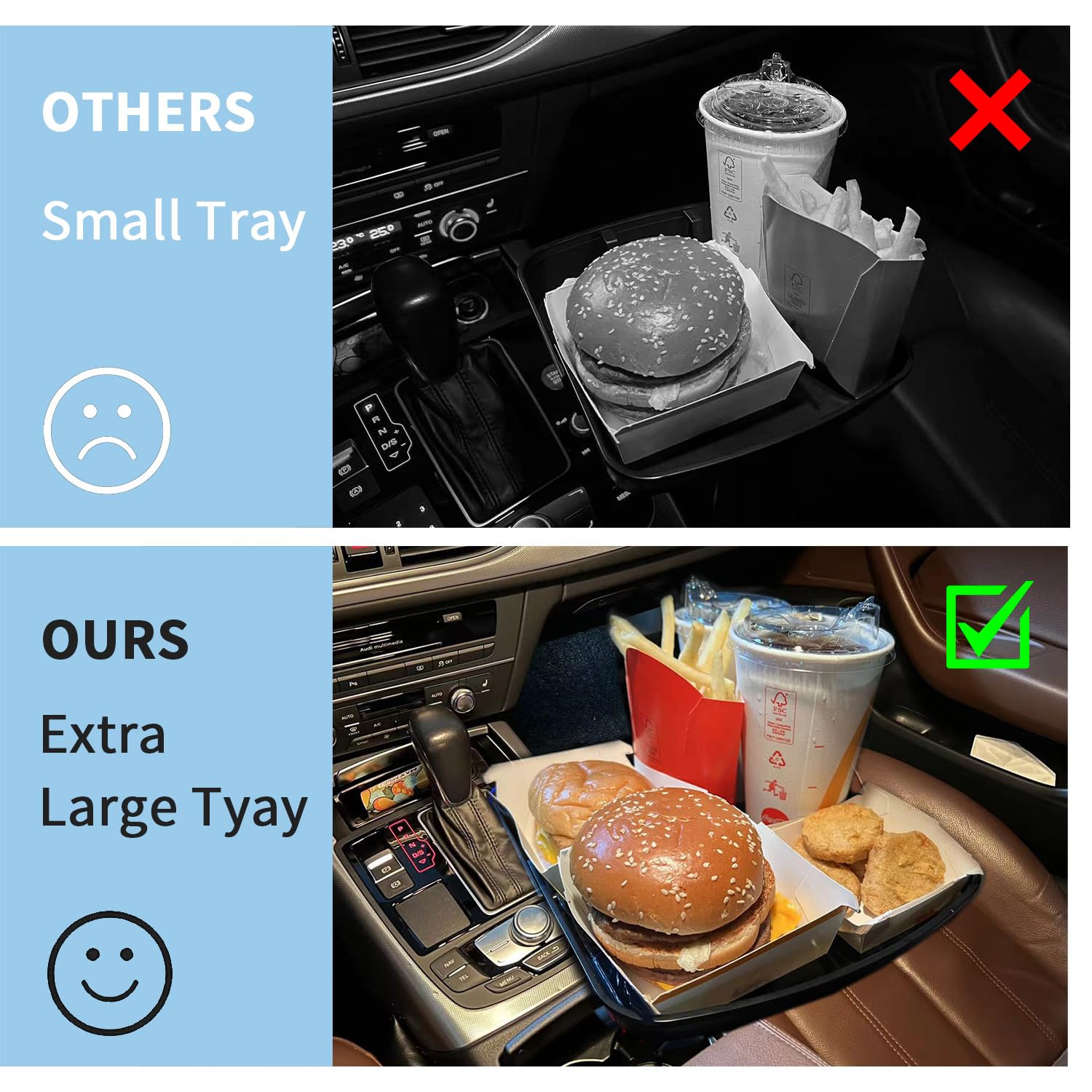 Kelofam Larger Cup Holder Tray, 10 inch Car Food Tray for Eating, Detachable 3 in 1 Car Cup Holder Expander and 360 Rotating Car