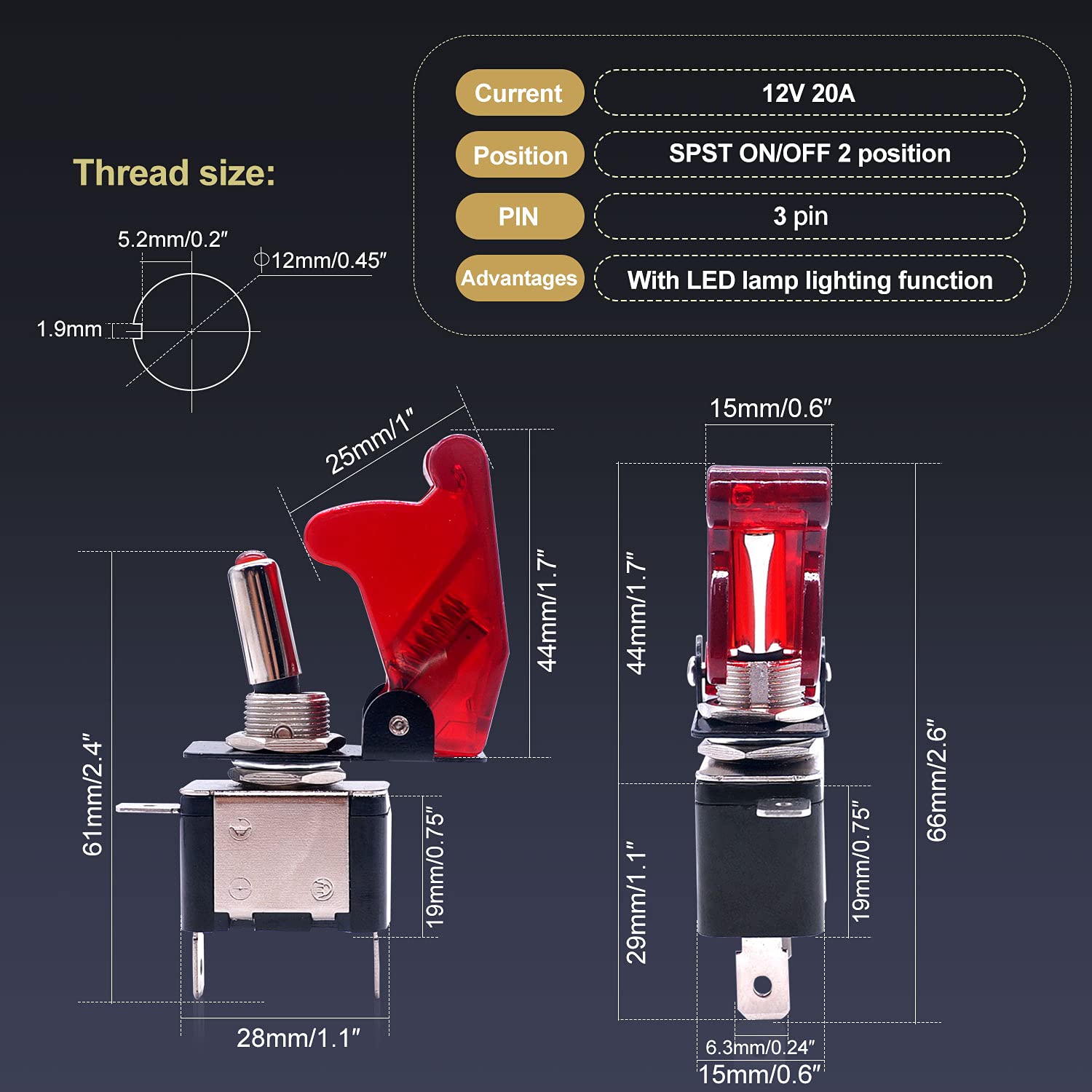 Twidec/3Pcs Rocker Toggle Switch 12V 20A Heavy Duty Racing Car Automotive Auto SPST ON/Off Toggle Switch Red LED Light Illuminat