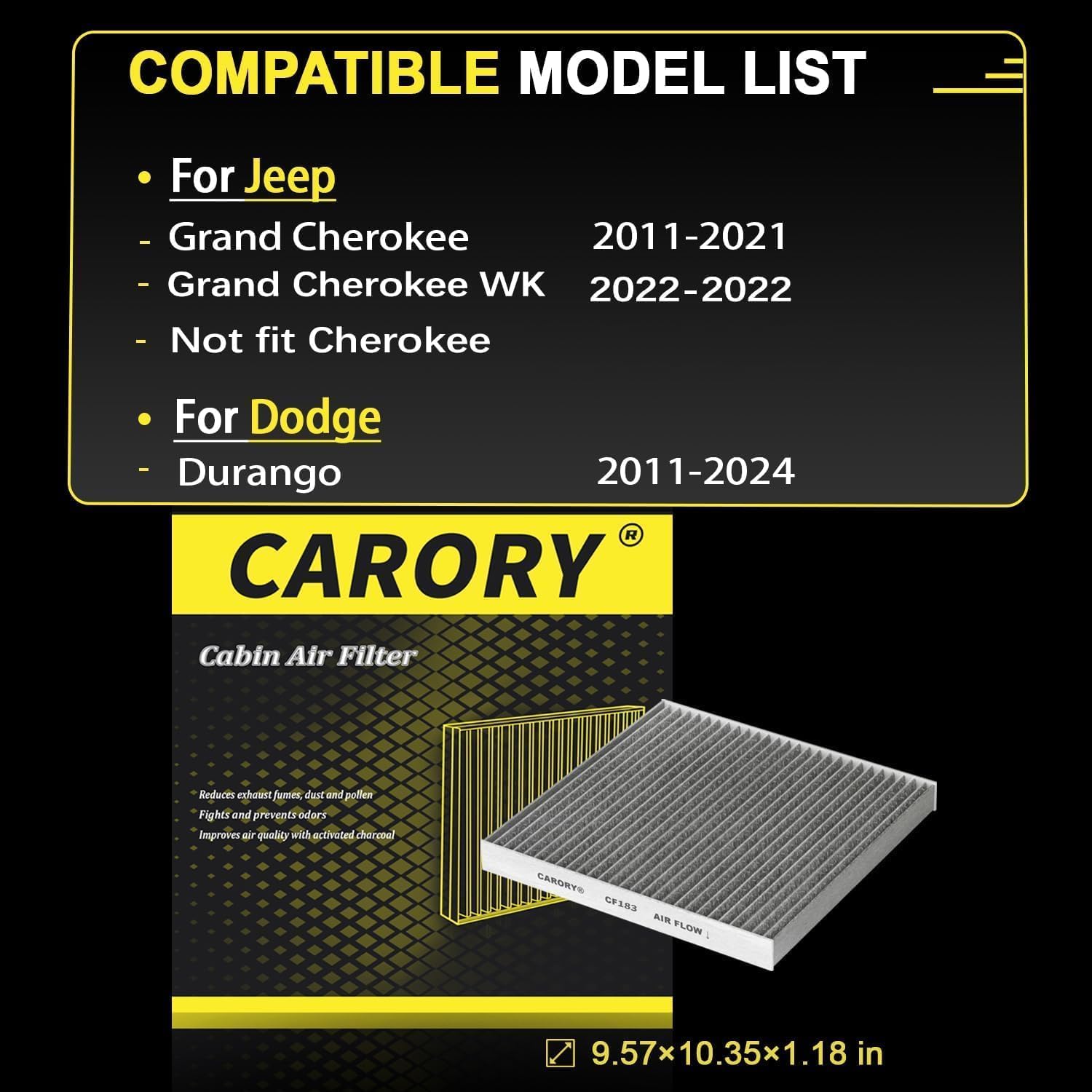 CARORY Cabin Air Filter w/Activated Carbon for Jeep Grand Cherokee (2011-2021, Not Fit Cherokee), Dodge Durango 2011-2024, 68079