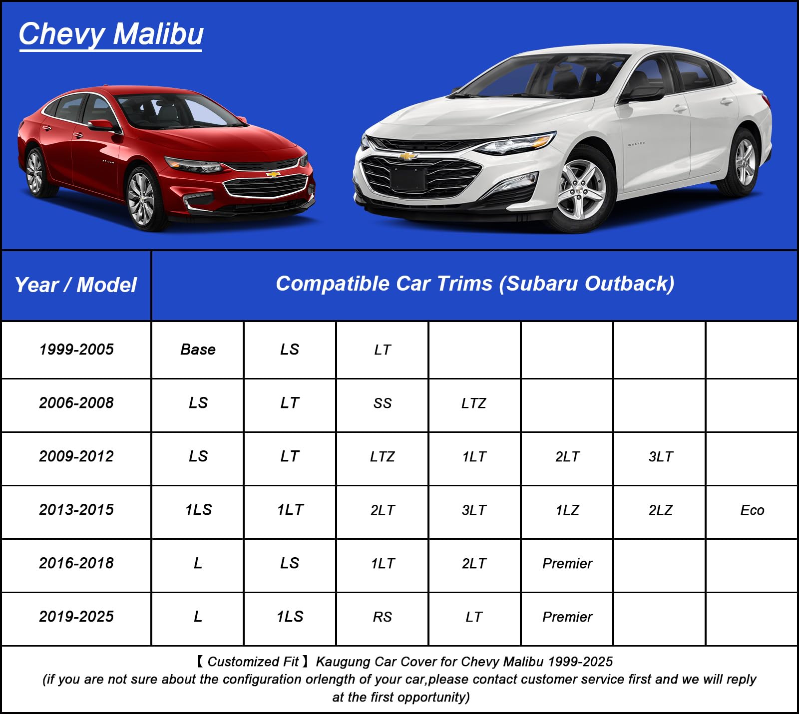 Kaugung Car Cover Custom Fit Chevy Chevrolet Malibu(2016-2025) Waterproof All Weather For Automobiles